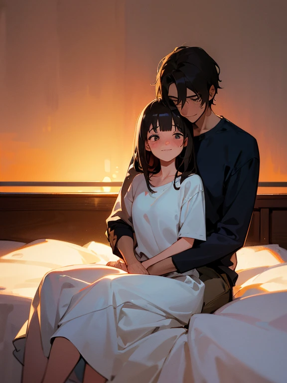 1 girl, 1 boy, (background on bed in bedroom), dark hair, sitting, man hugging woman, woman blushing, woman in trouble, man smiling, woman shy, cool guy, pretty girl, sunset, looking away,high quality, high resolution, masterpiece