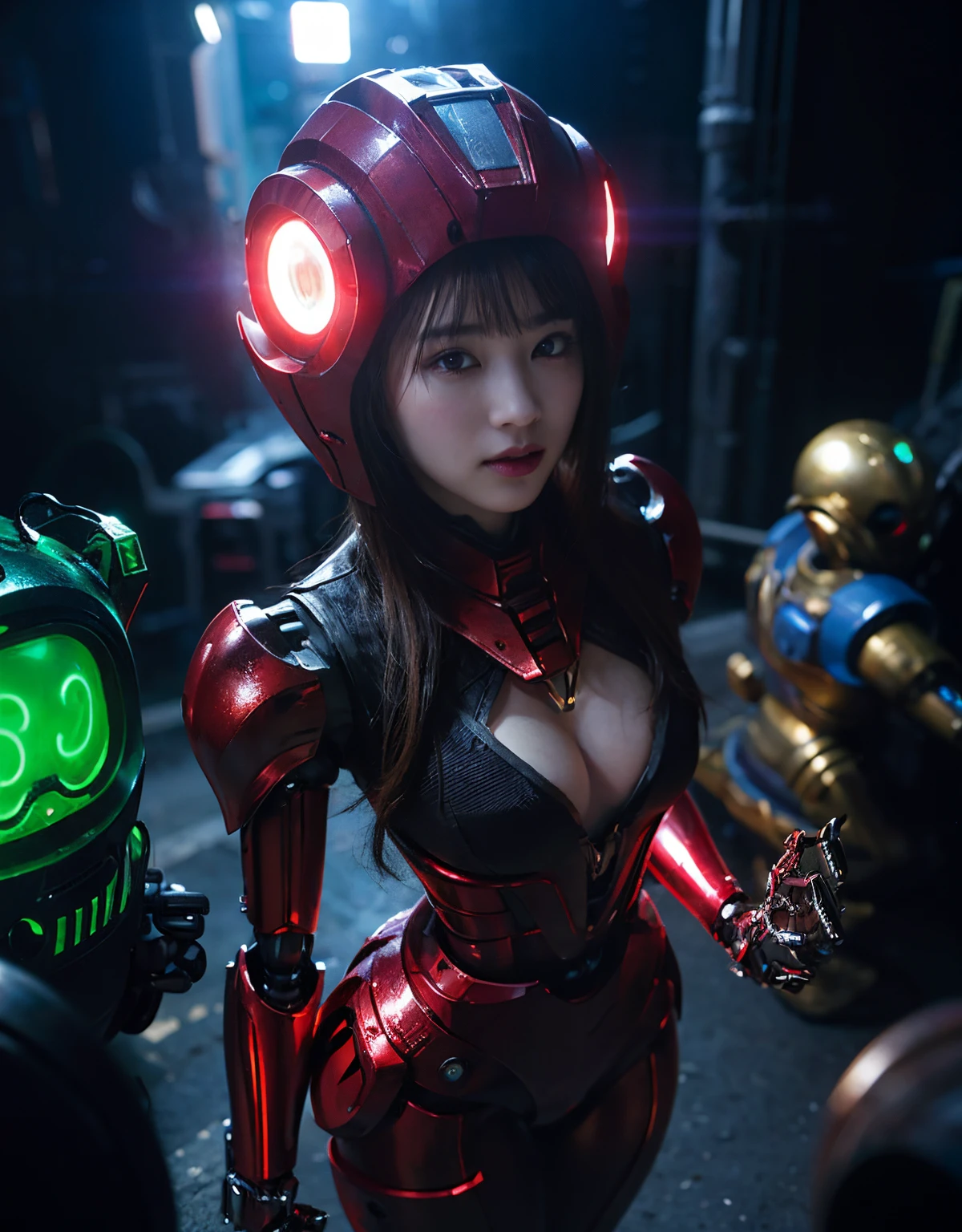 (1 mechanical girl and 1 alien)、（Mystical expression）、top-quality、​masterpiece、超A high resolution、(Photorealsitic:1.4)、Raw photo、女の子1人、glowy skin、(((1 Mechanical Girl)))、（Red Metal Bodysuit）、(Natural alien background to fight aliens)、(Small LED)、((super realistic details))、vertical giant monster background),globalillumination、Shadow、octan render、8K、ultrasharp、Robot background、Colossal tits、Raw skin exposed in the cleavage、red metal、Details of complex ornaments、Japan details、highly intricate detail、Realistic light、(Mystical expression),CG Society Trenlow Eyes、Eyes shining towards the camera、Mechanical marginal blood vessels connected to neon detail tubes)、(Wires and cables connecting to the head)、Small LED、,Mechanical thighs、Toostock、（Hands are also made of machines）、机器人、future alien、Please wear a mechanical helmet、