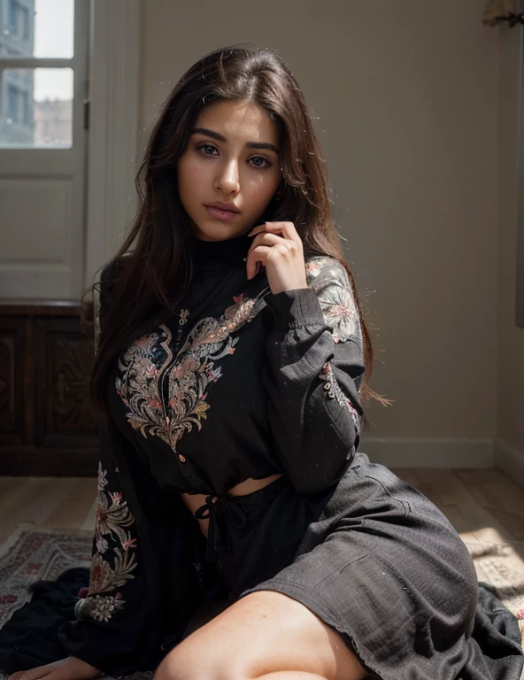 (Best quality, Ultra-detailed, Masterpiece:1.5), Photorealistic photograph of a beautiful pakistani woman. The woman should have a flawless, highly detailed face (Highly Detailed Skin) with soft, luminous skin. Her long hair should be naturally brown and stylishly arranged. (Perfect Eyes:1.2). The photography should feature high-quality film grain (ISO 400, 30mm lens RAW f1.8 aperture.