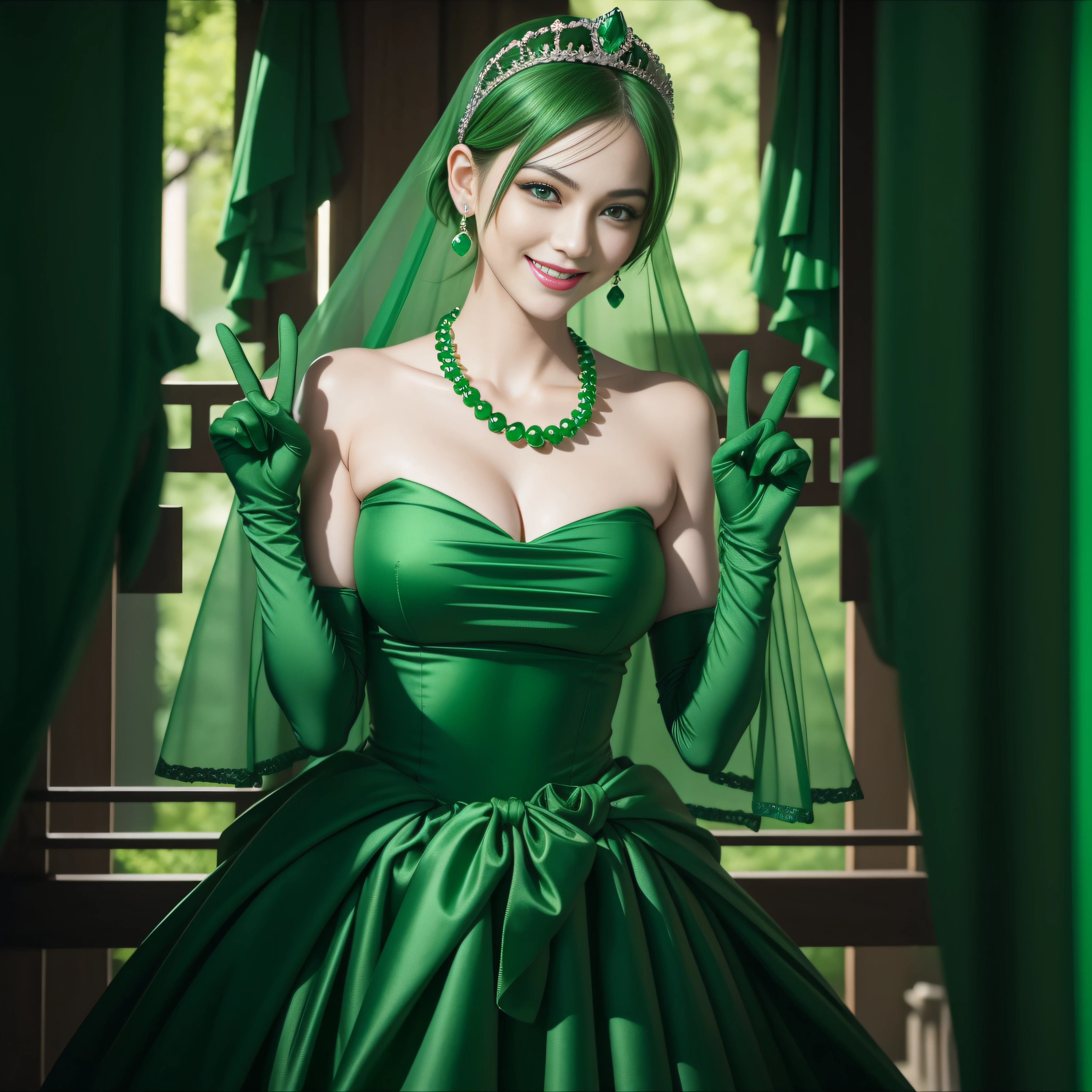 emerald tiara, Green Pearl Necklace, Boyish very short green hair, lipsticks, Japan woman smiling, very short short hair, big breasts beautiful, Green eyes, Long green gloves made of satin material, Green eyes, Emerald Earrings, green vale, v sign