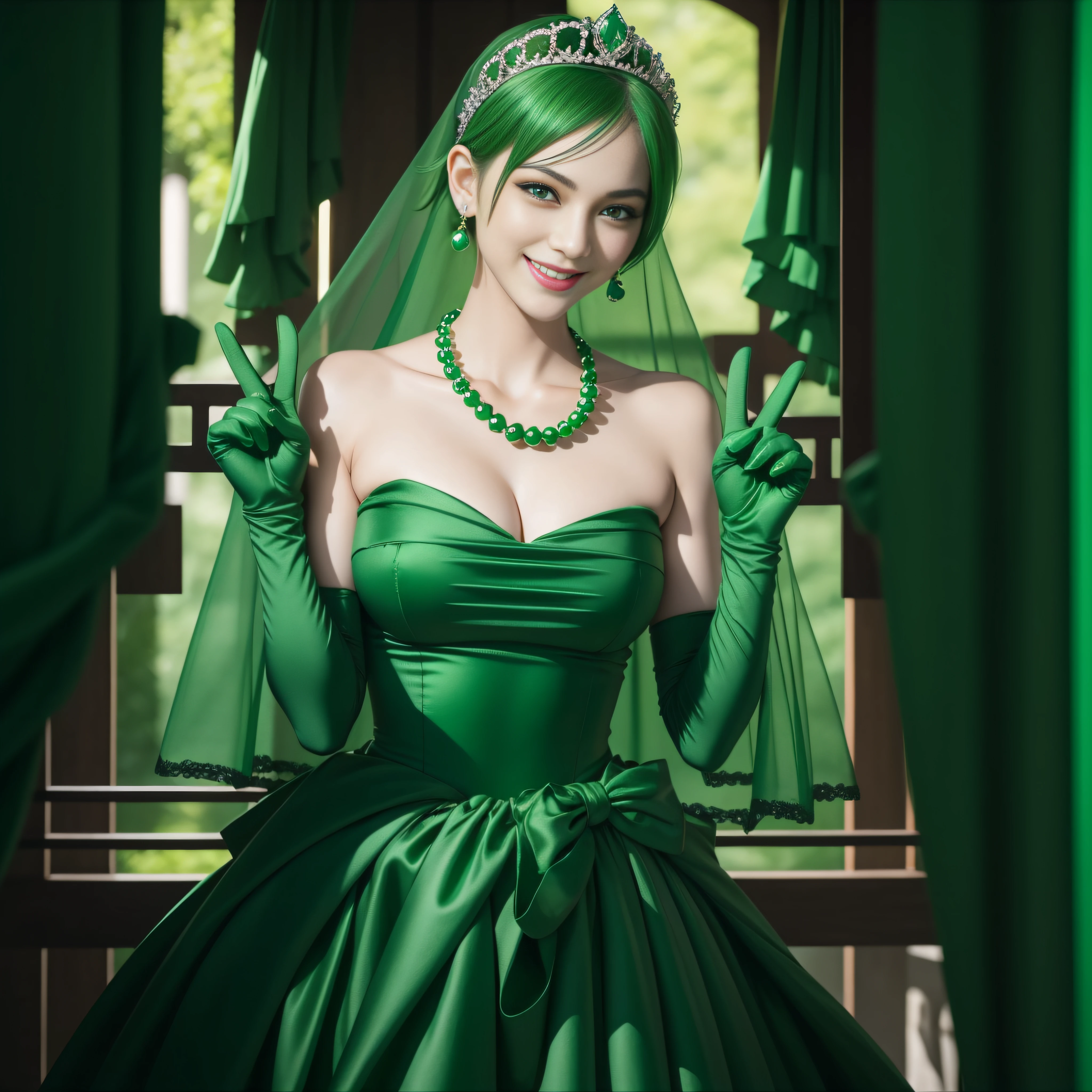 emerald tiara, Green Pearl Necklace, Boyish very short green hair, lipsticks, Japan woman smiling, very short short hair, big breasts beautiful, Green eyes, Long green gloves made of satin material, Green eyes, Emerald Earrings, green vale, v sign