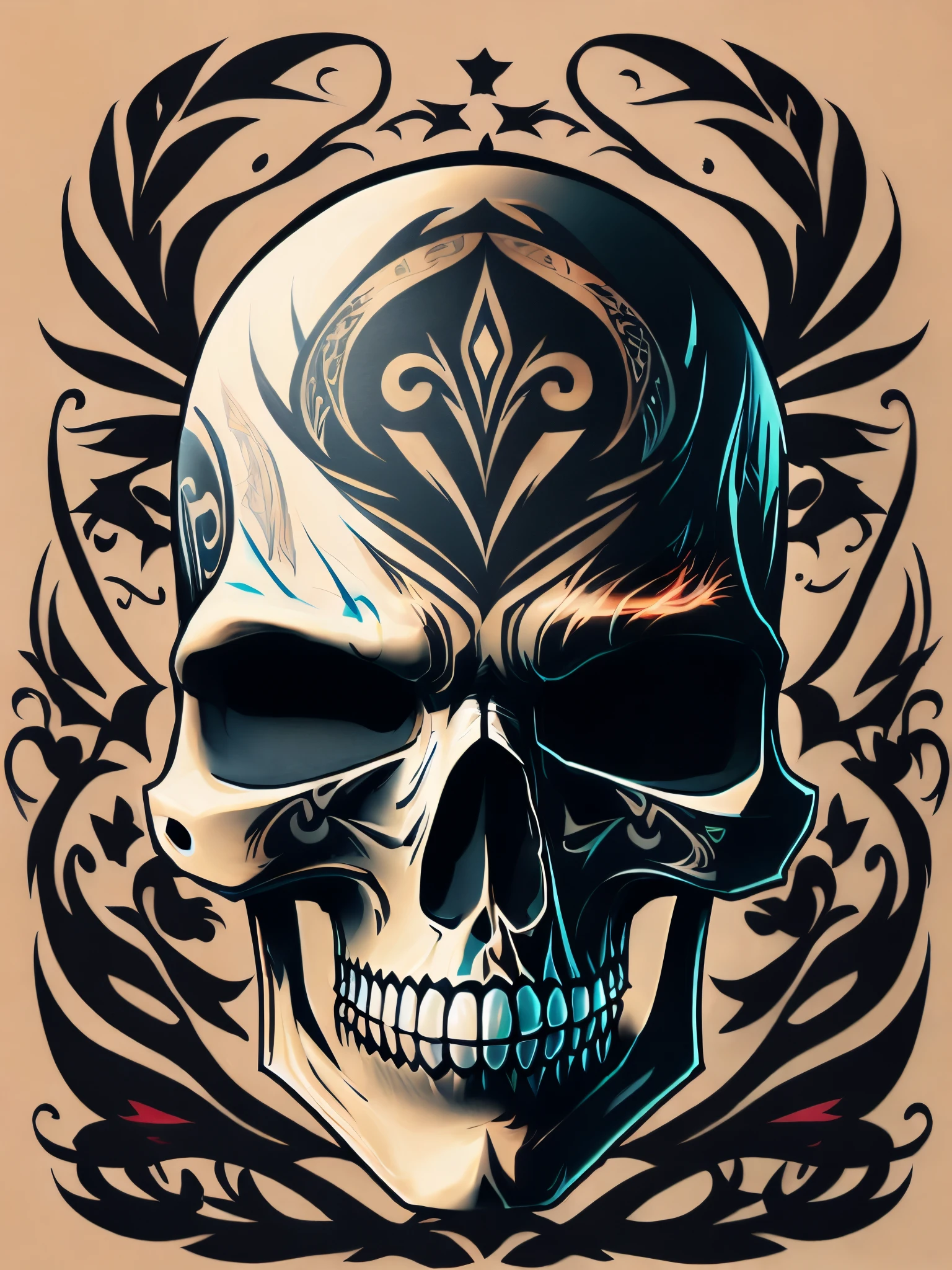 Cartoon Realistic Style Skull Front Face with Tattoo Style Strokes and Effects