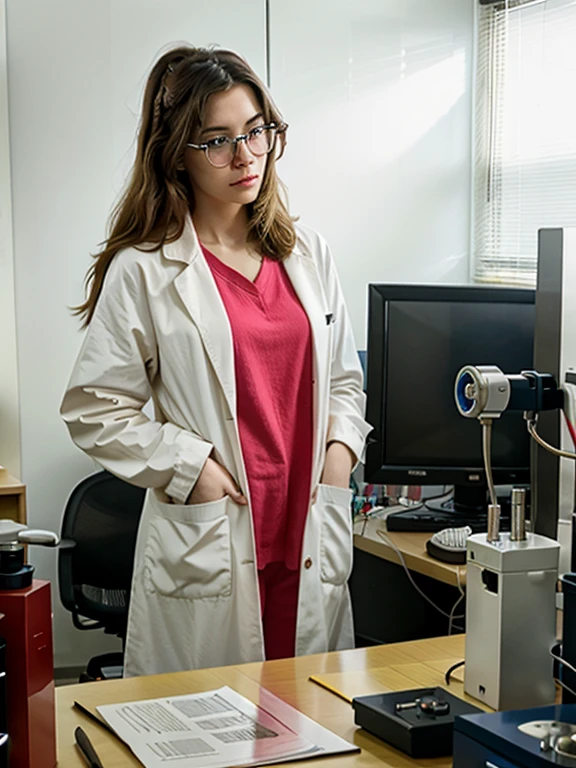 1 woman, 1 woman in the Biochemistry Laboratory, where atoms and molecules danced under the watchful eye of the scientist, a woman with blonde hair and thick-framed glasses, who has a passion for unraveling the secrets of the atomic and molecular structure. ..A detailed depiction of the scientist engrossed in examining a complex molecular model, surrounded by complex scientific instruments and molecular structures, the scientist is wearing lab coat, gloves, safety glasses, long pants, closed shoes, long sleeves gown, cotton coat , The laboratory bathed in soft fluorescent lighting, Transmits an aura of intense curiosity and scientific exploration.. photography, high-resolution digital camera with macro lens, f/2.8, ISO 400, --ar 16:9 - -V 5