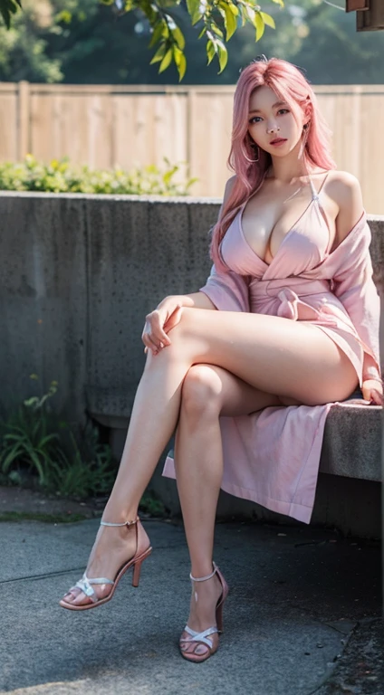 (best quality,4k,8k,highres,masterpiece:1.2),ultra-detailed,(realistic,photorealistic,photo-realistic:1.37),portrait,Sexy Indonesian women,slender,large breasts,full body view,leg view,foot view,pink heels,pink colored hair,long hair,open yukata,semidressed