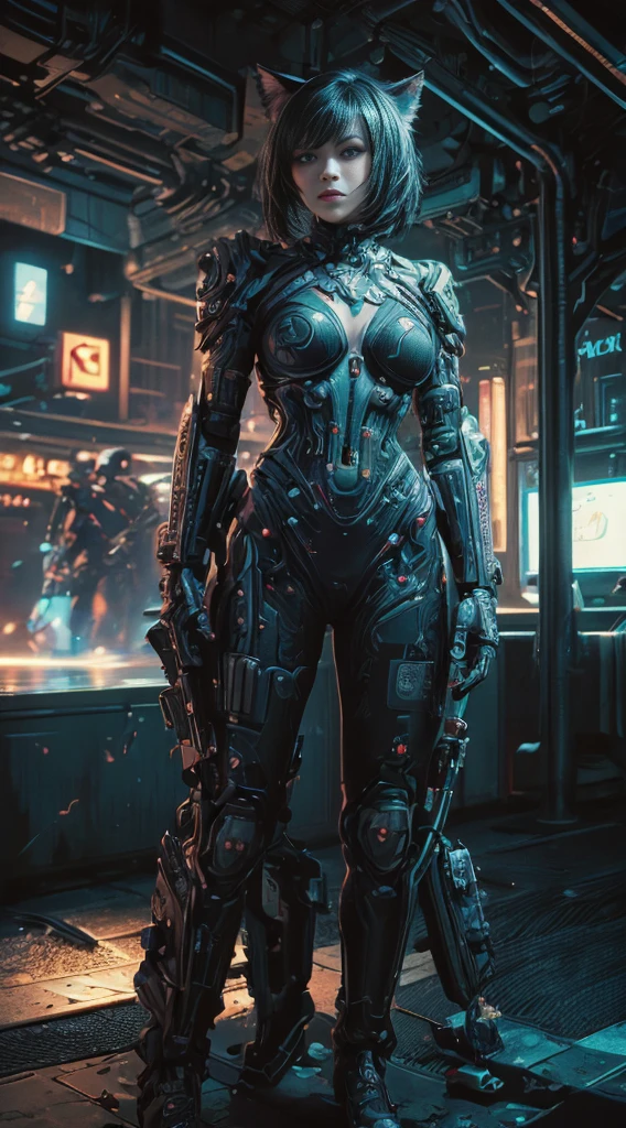 Realistic, perfect masterpiece, high quality, high resolution, highest image quality, 8k hd. 1girl, black bobcut hair, red eyes, glowing eyes, . Cybernetic suit, masks. Night, moon, destuction on the background. Highly detailed background