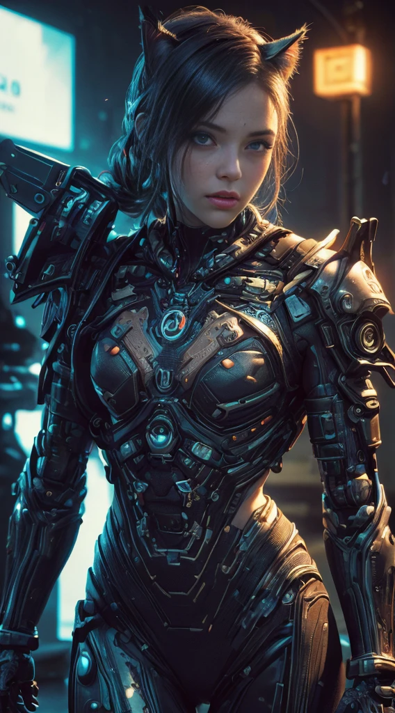 Beautiful photo of Reika Shimohira as a ((Cyberpunk Nekomata ((catgirl)))), ((shapeless hairstyle)), slender body, cat ears, cat tail), (full length shot), (dynamic pose), science fiction, ((futuristic cyberpunk city in the background)), Gantz, Cyberpunk 2077, Ultra realistic photo, masterpiece, best quality, CG, wallpaper, HDR, high quality, high-definition, extremely detailed, {beautiful detailed face}, {beautiful detailed eyes}, (detailed light){{intricate detail}}, {highres}, ((detailed face)), neon light, chiaroscuro, key visual, intricate detail, highly detailed, breathtaking, vibrant, cinematic lighting, 18+, Nsfw