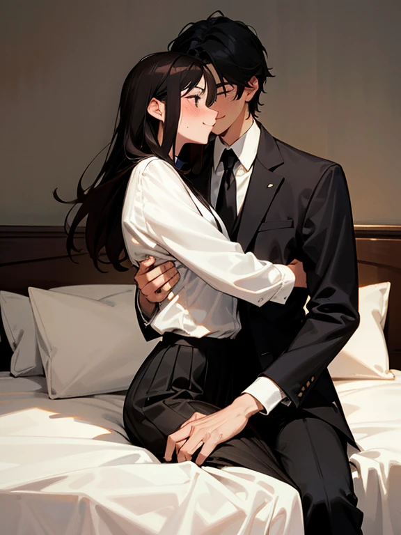 1 girl, 1 boy, (background on bed in bedroom), dark hair, sitting, man hugging woman, woman blushing, woman in trouble, man smiling, woman shy, girl in white shirt and black skirt, man in black suit and white shirt,cool guy, pretty girl, sunset, looking away,high quality, high resolution, masterpiece