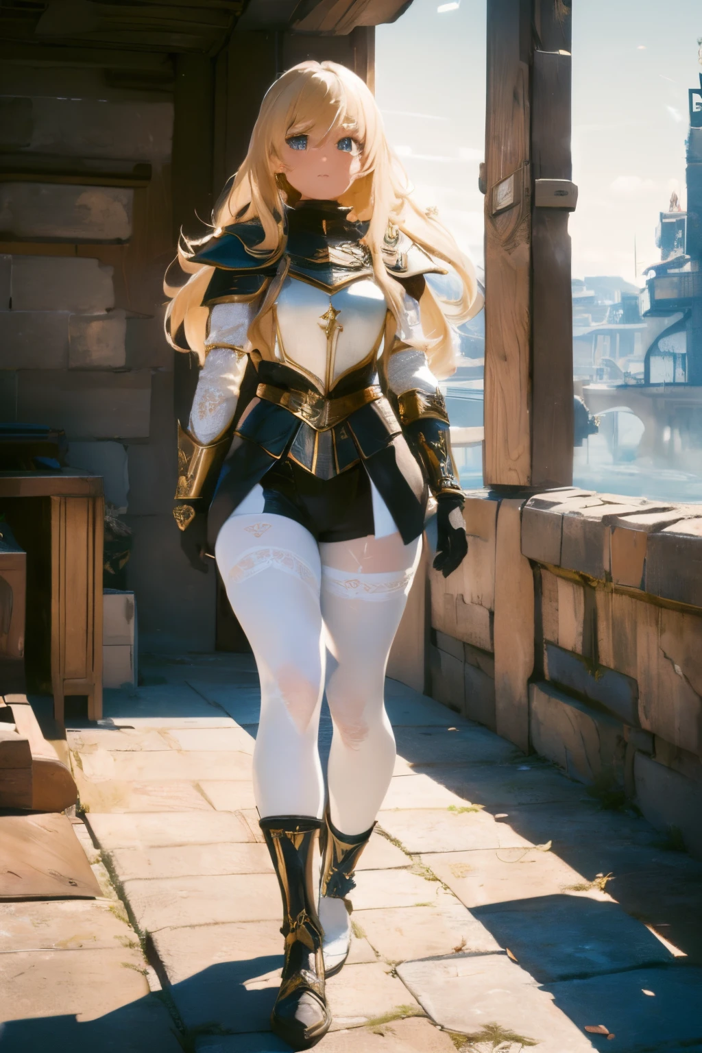 (((masterpiece))), (((best quality))), ((ultra-detailed)), (cinematic lighting), (illustration), (beautiful detailed eyes), (1girl), full body, space, knight, armour, light hair, walking, medieval city, best quality, expressive eyes, perfect face, Girl: (blonde hair, long hair, black shorts, white pantyhose, white and gold armour, black gloves),