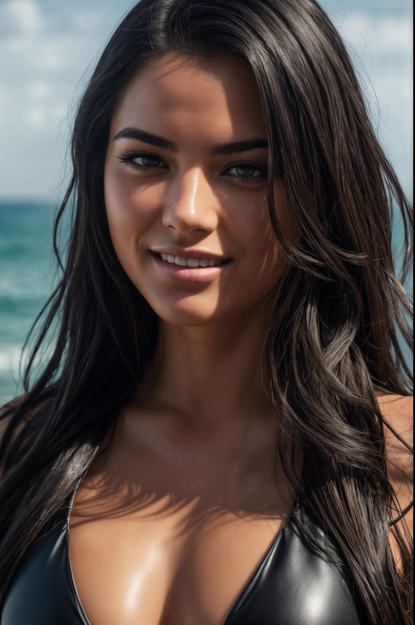 Portrait of a beautiful 25-year-old  woman, schwarze haare, beautiful latina, nude with tan-lines, am strand, (heller sand, helles und lebendiges Licht: 1.2), shy smile, very big , tanned, soaky wet skin, hairy, nsfw
