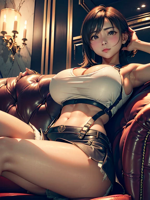 (top-quality, (Ultra high definition,4K), (超A high resolution:1.3, in 8K),masutepiece:1.2), (Angle from below), (Perfect Anatomy,Anatomically accurate), (Soft lighting, 光线追踪), (((Sitting on a sofa in the lobby of a luxury hotel, Sexy open legs))), ((Atifa_Lockhart like)), (Ruby-like red eyes), (large full breasts:1.6), Focus on cleavage, (extremely detailed and beautiful face), Close one eye, (energetic and healthy girl), (Photorealsitic), ((Bright lighting)), (White Sports Bra), (suspenders), ((Black leather miniskirt)), Watch viewers, (Crisp double eyelids), (fascinated expression), (Textured skin), (Soft skin)