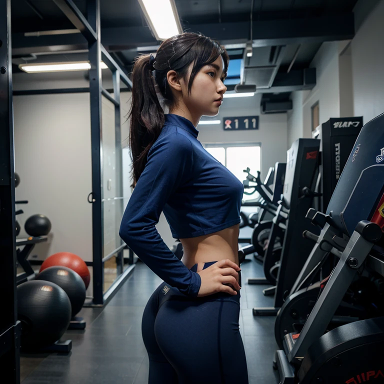 21-year-old, Chinese gamer girl, cute, big chest, fit body, super realistic picture, navy-blue leggings,blue shirt , in the gym ,from side profile , looking in the camera,