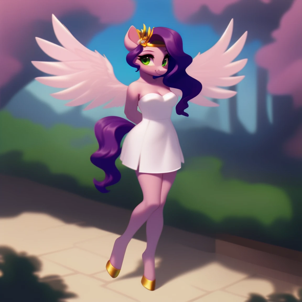 (score_9), (source_pony), (solo), (pegasus), ((anthro pipp petals :1.1)), (strapless dress, sexy, smiling, , long hair, anatomically correct, night garden, standing near fountain, medium breasts, full body, anime art style, solo, light purple fur, green eyes, arms behind back,