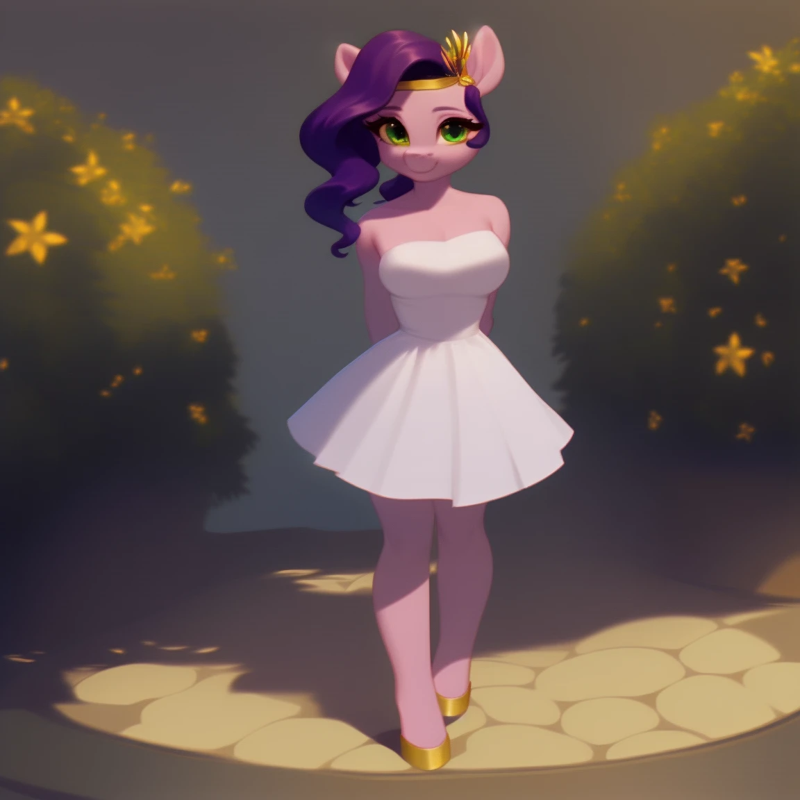(score_9), (source_pony), (solo), (alicorn), ((anthro rarity fusion twilight sparkle:1.1)), (strapless black dress), facing you, sexy, smiling, sensual, long Messy hair, anatomically correct, night garden, standing near fountain, big breast, half body, anime art style