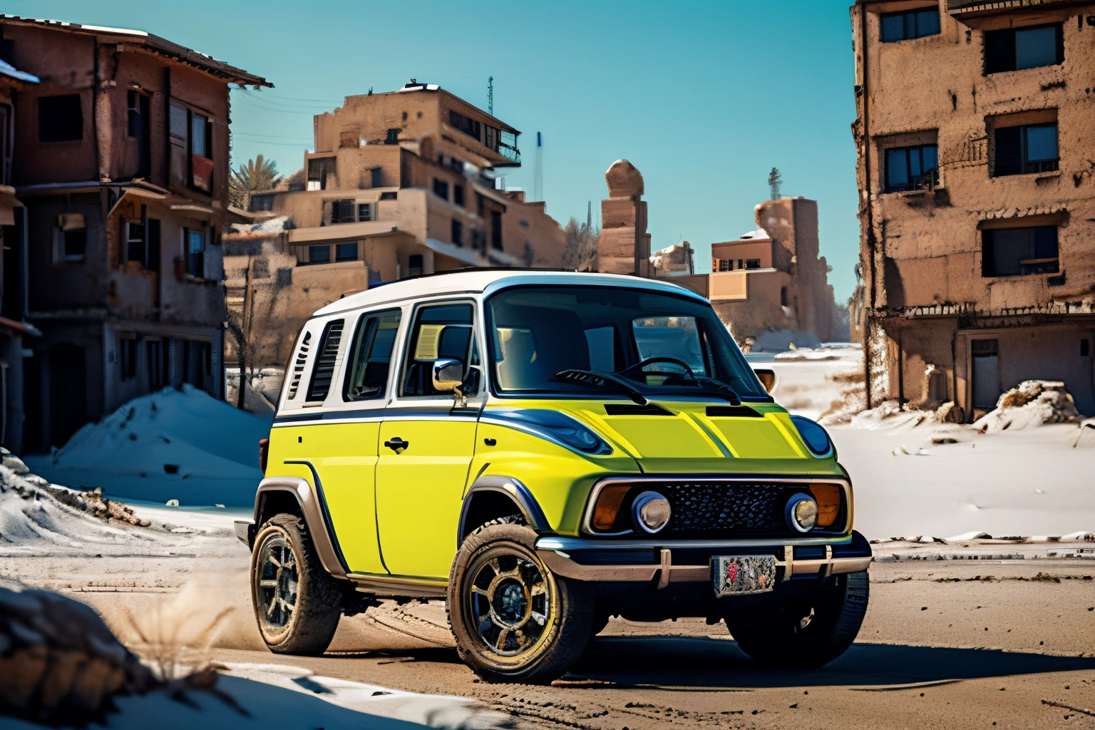 white-yellowish metallic 4x4 1960s SUV-Van in motion, fantasy, no logo, urban, 1960s (style), worm colors, a small building, High detailed, Color magic, Saturated colors, Color saturation, wrench_elven_arch, Mecha body, modelshoot style, photo r3al, c_car, greg rutkowski, car, yurayura_yuuura, f1ame, Epicrealism, dark background, Realism, 8K, HD