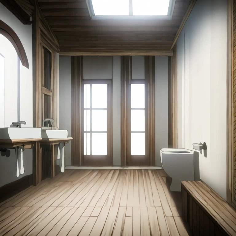 Whole picture of a bathroom with towels hanging, ceiling lights on in jujutsu kaisen anime artstyle