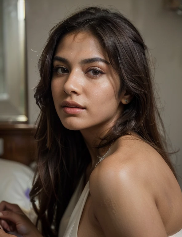 create a portrait young stylish young ndian woman with large captivating eyes, thick eyebrows, a strong jawline, high cheekbones and a neutral complexion highlight herself as a realistic virtual influencer., f 2.8