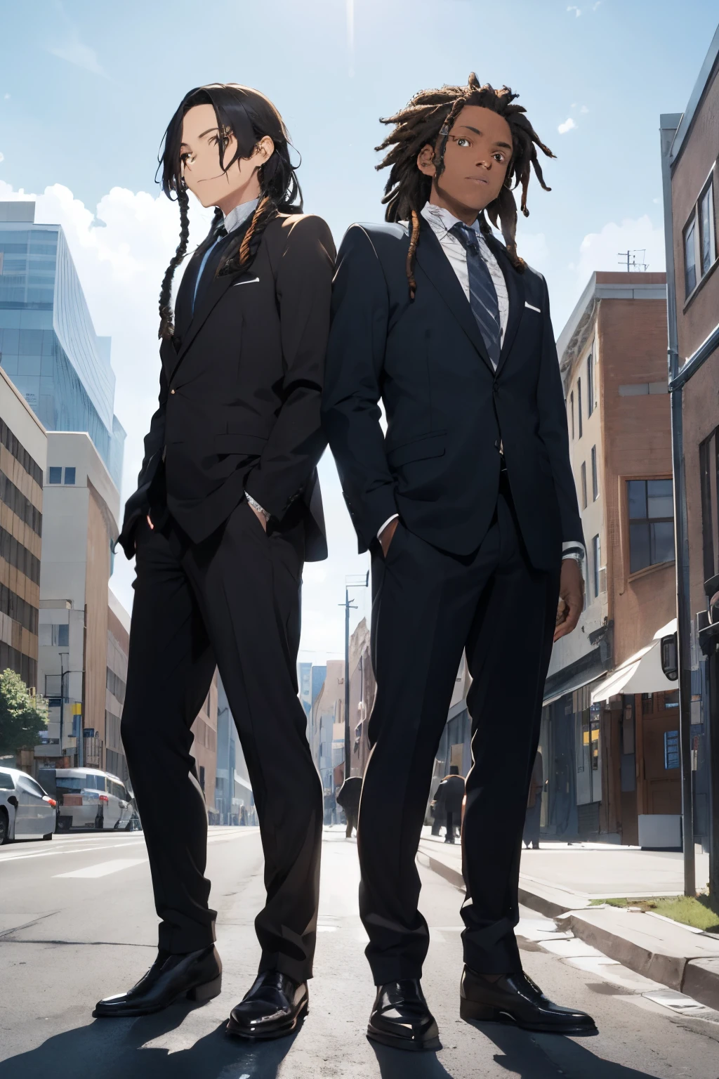 two black guys in business suits, lean build, one with curly hair, the other with long dreads, standing beside each other