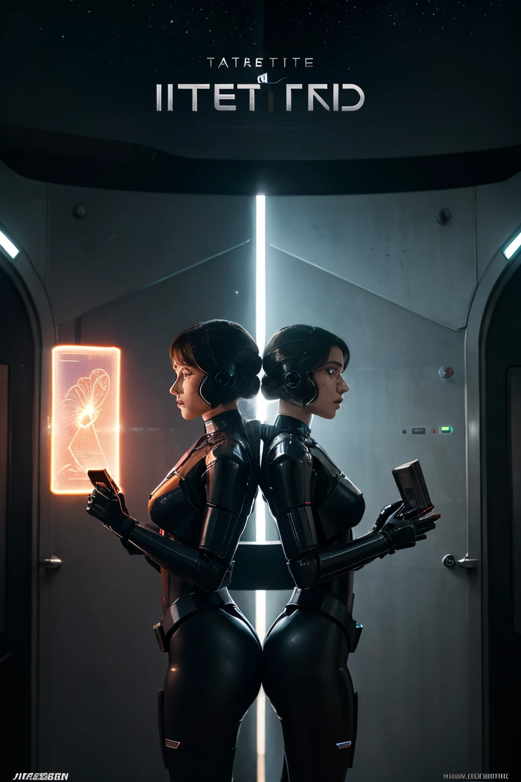 Create a book cover which portrays a futuristic inter dimensional love story in between human droids