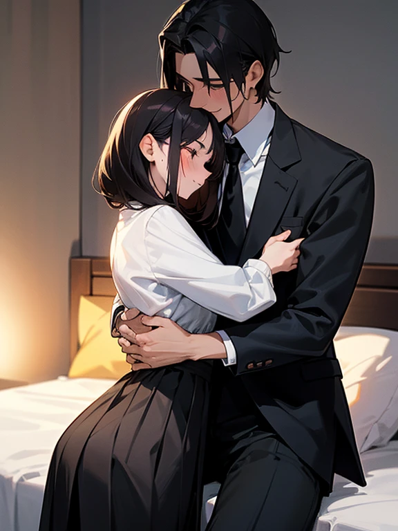 1 girl, 1 boy, (background on bed in bedroom), dark hair, sitting, man hugging woman, woman blushing, woman in trouble, man smiling, girl shy, (girl sweat), girl in white shirt and black skirt, man in black suit and white shirt,cool guy, pretty girl, 160cm woman, 185cm man, sunset, looking away,high quality, high resolution, masterpiece