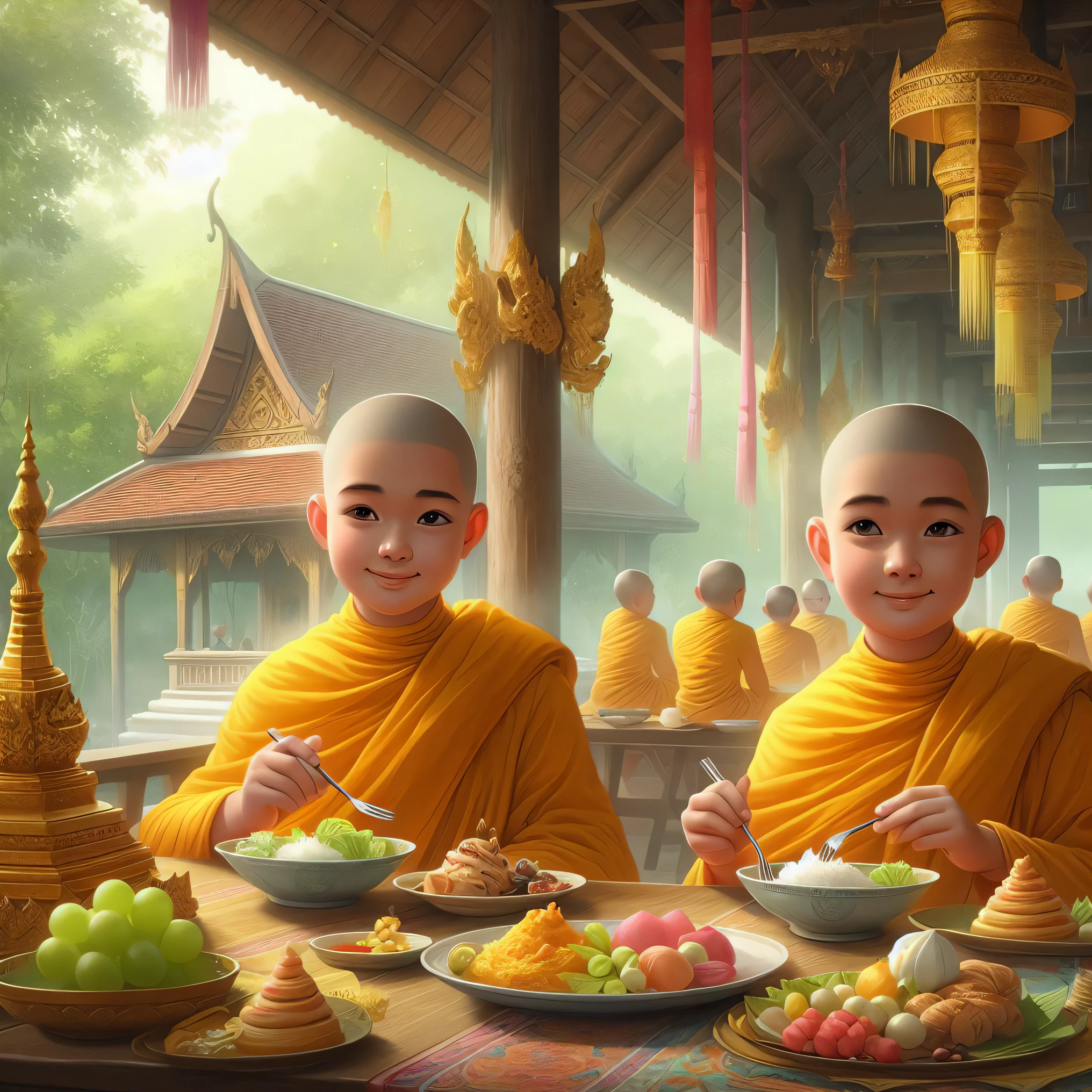 two monks sitting at a table eating food and smiling, tithi luadthong, by John La Gatta, thailand art, buddhist, a beautiful artwork illustration, monks, buddhism, by Bayard Wu, by Pablo Munoz Gomez, in style of thawan duchanee, buddhist monk, thawan duchanee, wojtek fus