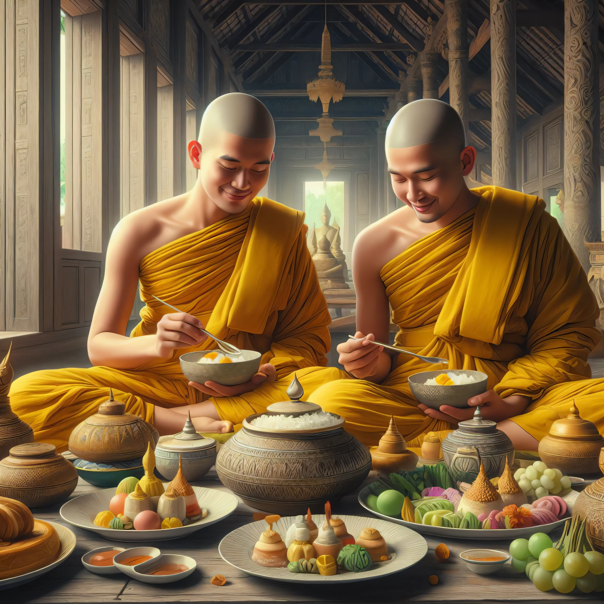 two monks sitting on a table with plates of food and bowls of fruit, monks, tithi luadthong, in style of thawan duchanee, monk clothes, by John La Gatta, thailand art, buddhist, buddhist monk, buddhism, in a temple, monk, 2 1 st century monk, thawan duchanee, monk meditate