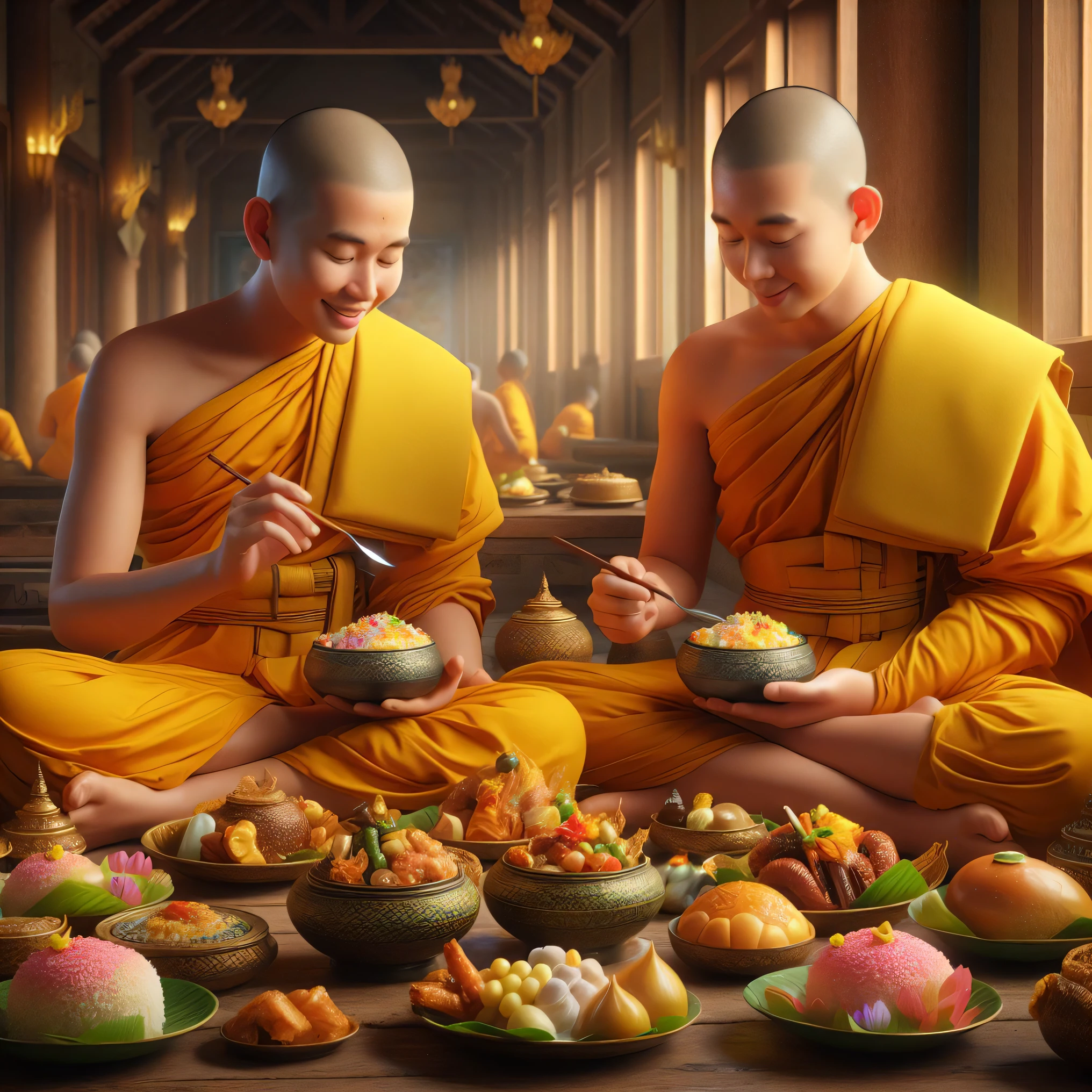 two monks sitting on the floor eating food from bowls, tithi luadthong, monks, by John La Gatta, buddhist, in style of thawan duchanee, monk clothes, food commercial 4 k, buddhism, buddhist monk, by Galen Dara, buddhist monk meditating, concept art of a monk, by Mike Winkelmann, thailand art