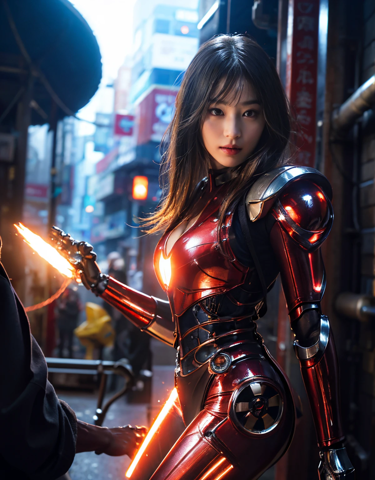 (1 mechanical girl and 1 alien)、(Mystical expression)、top-quality、masterpiece、超A high resolution、(Photorealsitic:1.4)、Raw photo、1人、glowy skin、(((1 Mechanical Girl)))、(Red Metal Bodysuit)、(Natural alien background to fight aliens)、(Small LED)、((super realistic details))、vertical giant monster background),globalillumination、Shadow、octan render、8K、ultrasharp、Robot background、Colossal tits、Raw skin exposed in the cleavage、red metal、Details of complex ornaments、Japan details、highly intricate detail、Realistic light、(Mystical expression),CG Society Trenlow Eyes、Eyes shining towards the camera、Mechanical marginal blood vessels connected to neon detail tubes)、(Wires and cables connecting to the head)、Small LED、,Mechanical thighs、Toostock、(Hands are also made of machines)、机器人、future alien、Please wear a mechanical helmet、
