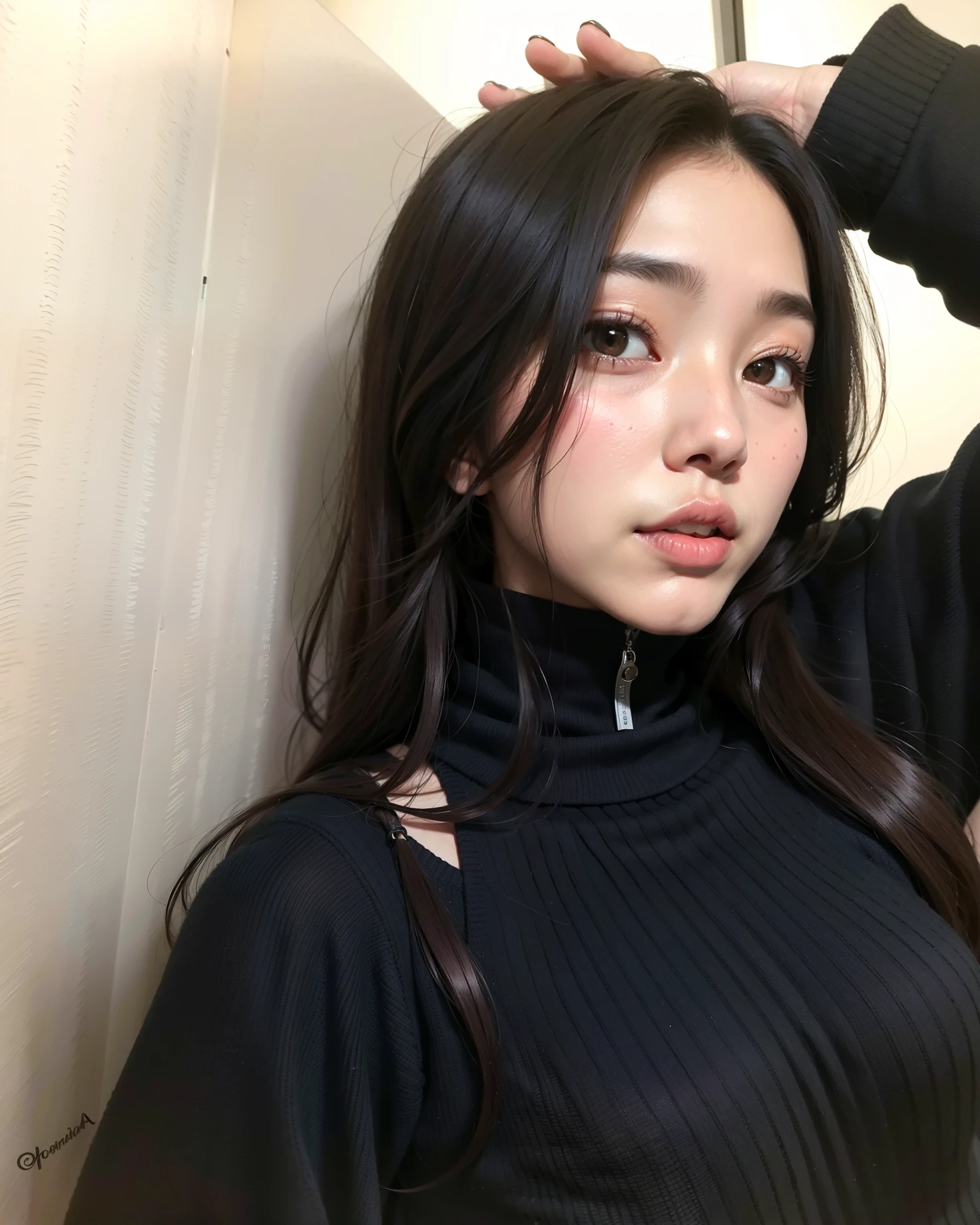 Purelos Face_v1:0.3, highest quality, Realistic, 8k, High resolution, Full Color, One girl, woman, 20 years old woman, Leaning forward, BREAK Black knit sweater,turtleneck, BREAK outdoor,, morning, summer ,perfect hand, BREAK gigantic breasts, soft light, rim light, two tone lighting, ahegao, (rolling eyes:1.3), ,selfie,(Looking Down from Above:1.8), (upturned eyes :1.5)