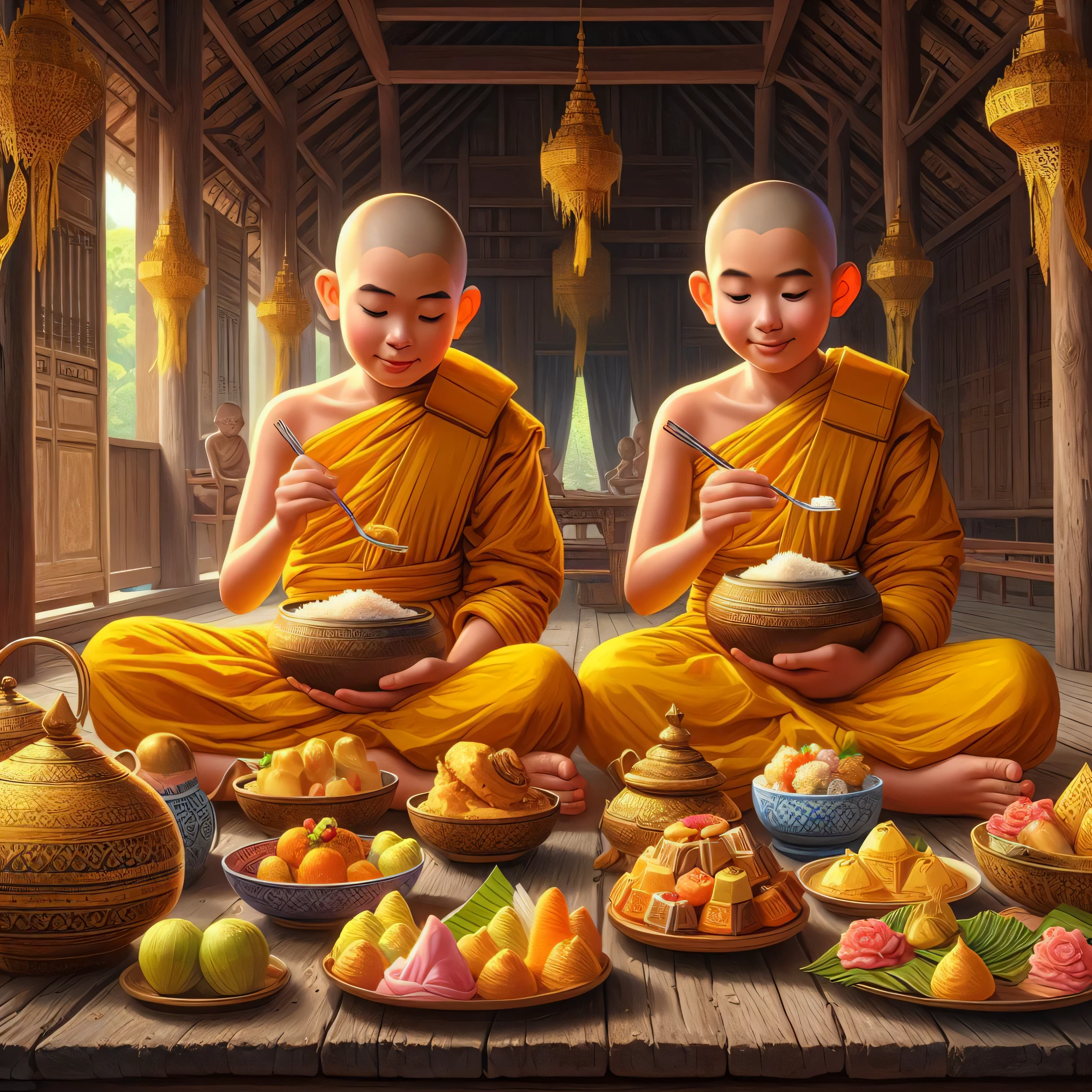 two monks sitting on a wooden platform with bowls of food, tithi luadthong, monks, buddhism, by John La Gatta, monk clothes, thailand art, in style of thawan duchanee, buddhist, monks!!!!!!!!! fire, traditional art, in a temple, by Galen Dara, by Harrington Mann, thawan duchanee, by Ma Quan