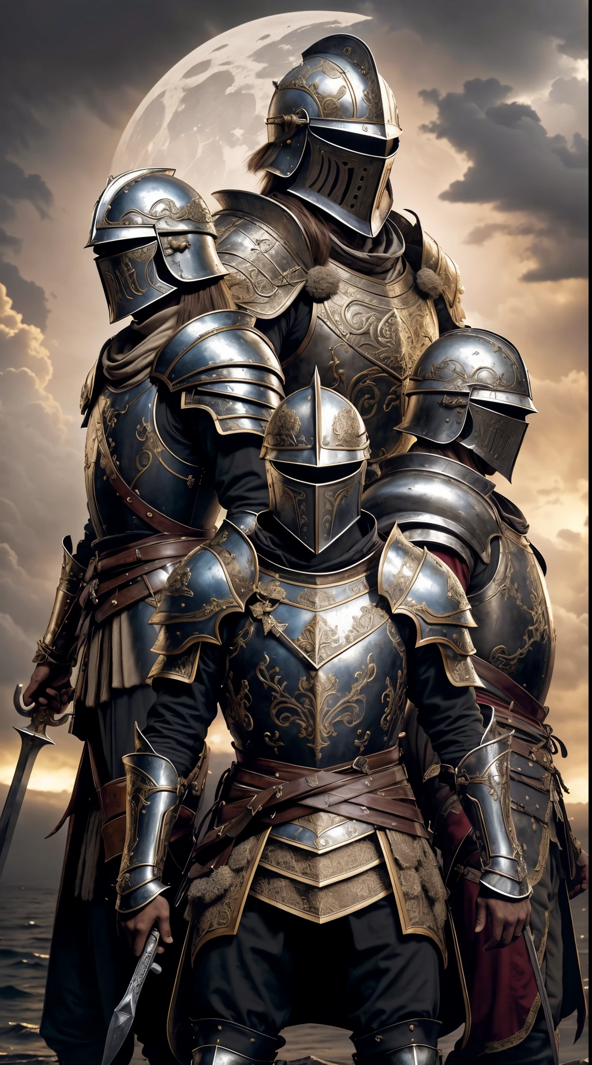 Obra maestra, cinematic landscape, mejor calidad, barroco, realista, , hombre, armadura medieval romana blanca, armadura desgastada,combate a muerte con espadas,guerreros en la lucha,guerra bajo la luna y el sol,rallos y lluvia en medio de una tormenta tropical,historia epica mediebal,gran heroe de la espada,chispas de las espadas chocando,