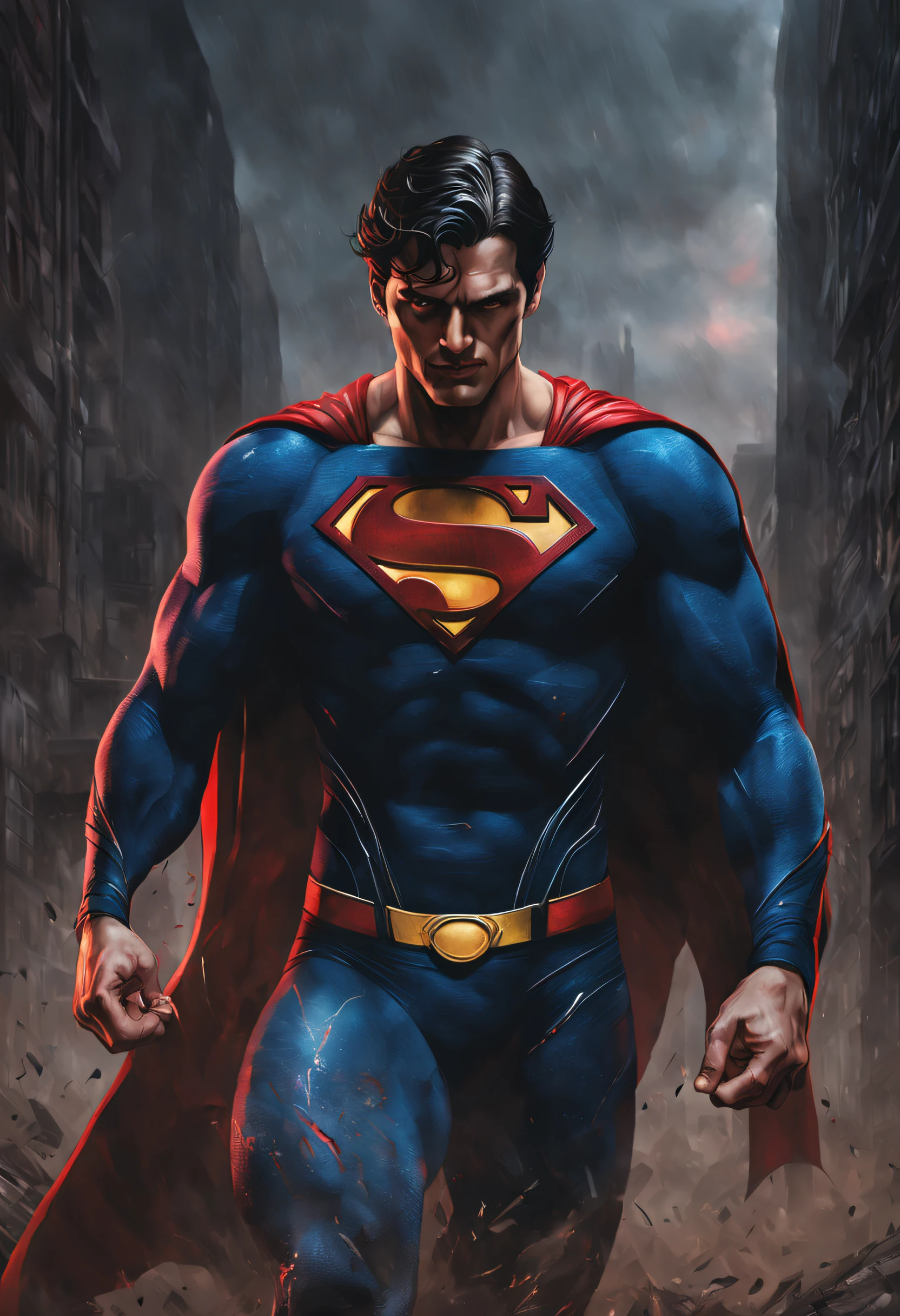 tears ,brown hair,red eyes,man, super human, art pop, masterpiece,intricate details, horror theme ,portrait,dark ambience, dust,low light ,cinematic, ambient oclussion, chromatic aberration, Use a slightly low-angle perspective to make Superman appear larger than life, reinforcing his status as a heroic and sexy icon