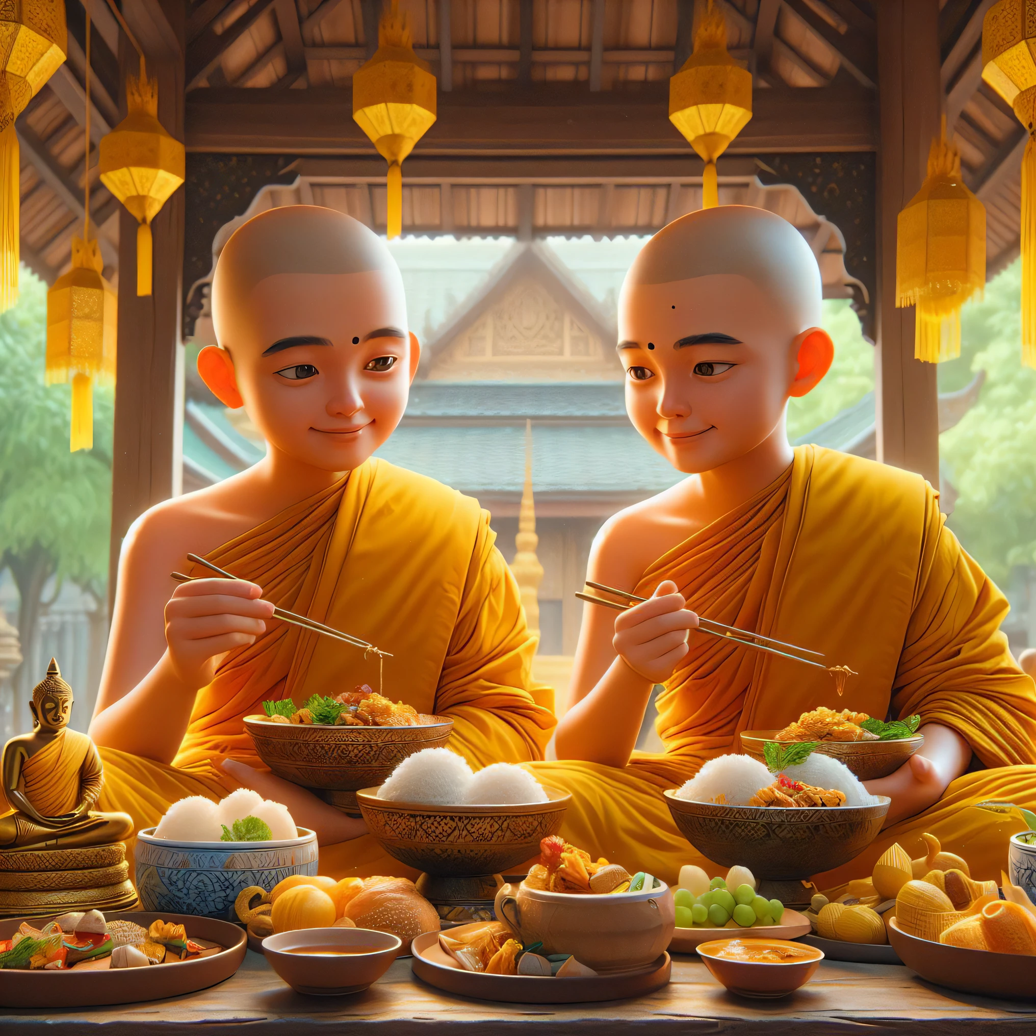 two monks eating food in a temple with a large wooden table, tithi luadthong, atey ghailan and steve mccurry, ross tran and bayard wu, in style of thawan duchanee, by John La Gatta, monks, artwork in the style of guweiz, thailand art, atey ghailan 8 k, wlop and ross tran