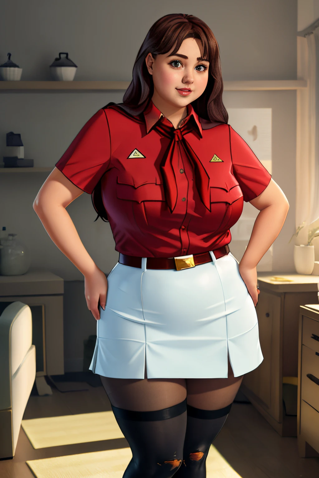 masterpiece, (photorealistic), (8k wallpaper) , (best quality), perfect quality, solo, (detailed eyes:0.9), girl, red hair, eating muffin, small smile, very young, face : (very young, European, very beautiful face, young). figure : (very full figure, curvy, very plump, very chubby, very chubby belly, love handles, muffin top, very soft, very thick, very thicc, sexy, sexy pose, fat, fat rolls, fat thighs). clothes: ( short miniskirt, very tight uniform, very tight shirt, ripped tights, ).