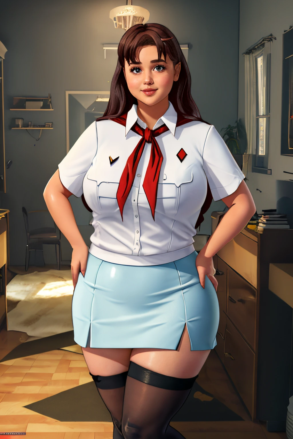 masterpiece, (photorealistic), (8k wallpaper) , (best quality), perfect quality, solo, (detailed eyes:0.9), girl, red hair, eating muffin, small smile, very young, face : (very young, European, very beautiful face, young). figure : (very full figure, curvy, very plump, very chubby, very chubby belly, love handles, muffin top, very soft, very thick, very thicc, sexy, sexy pose, fat, fat rolls, fat thighs). clothes: ( short miniskirt, very tight uniform, very tight shirt, ripped tights, ).