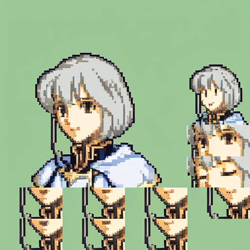 solo focus, quarterbody, frames, saturated sprite, 1girl, silver hair, grey eyes, cavalier