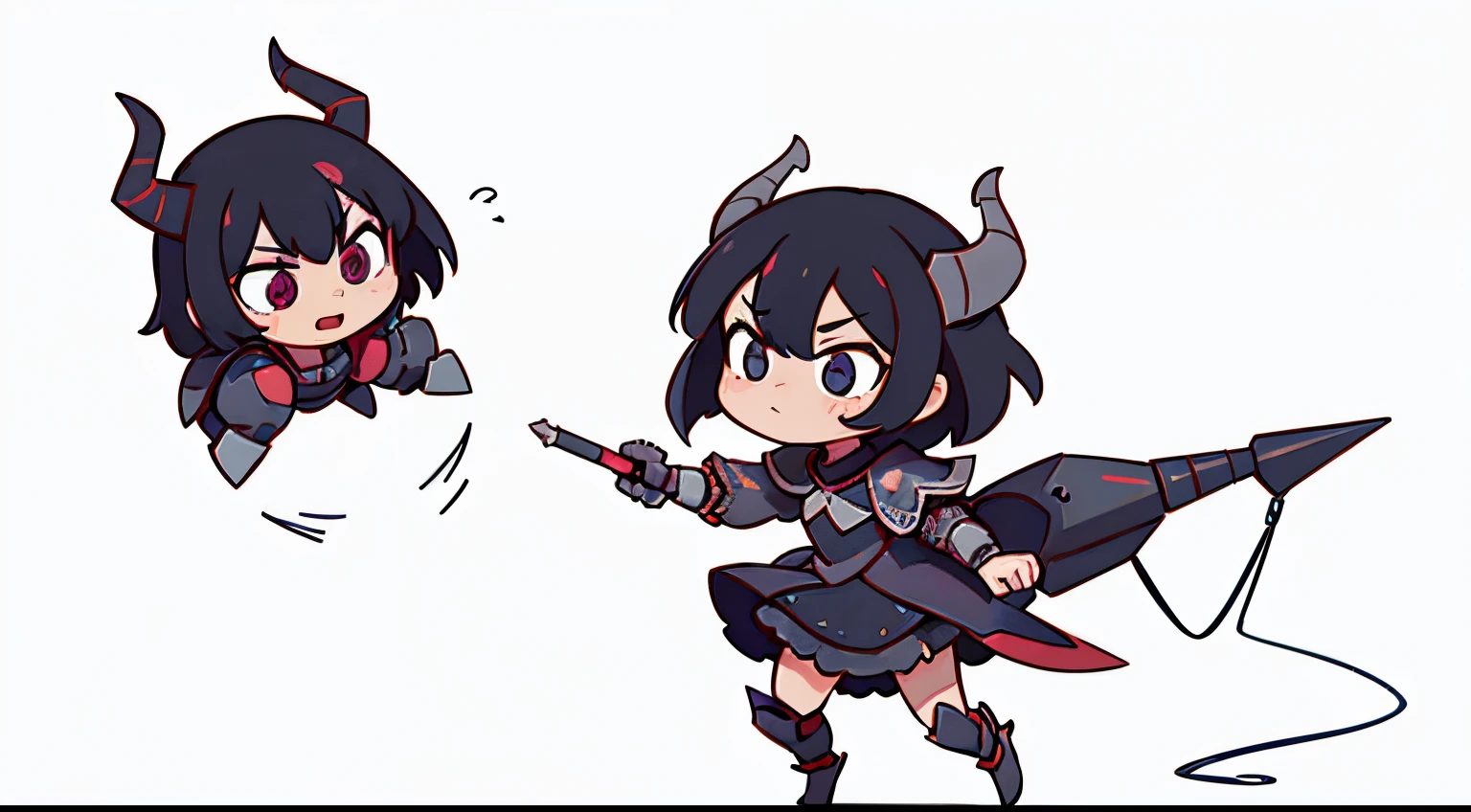 BJ_niedlich_demon,1girls,nur,flush,rote_Augen,haltend,geschlossen_Mund,stehend,voll_full-body,schwarzes_Haar,Chibi (Disambiguation,armour,White_Hintergrund,geballt_Hand,demon_Musume, Filmische Beleuchtung,Starker Kontrast,HOHER DETAILLIERUNGSGRAD,best quality,Meisterwerk,white background,