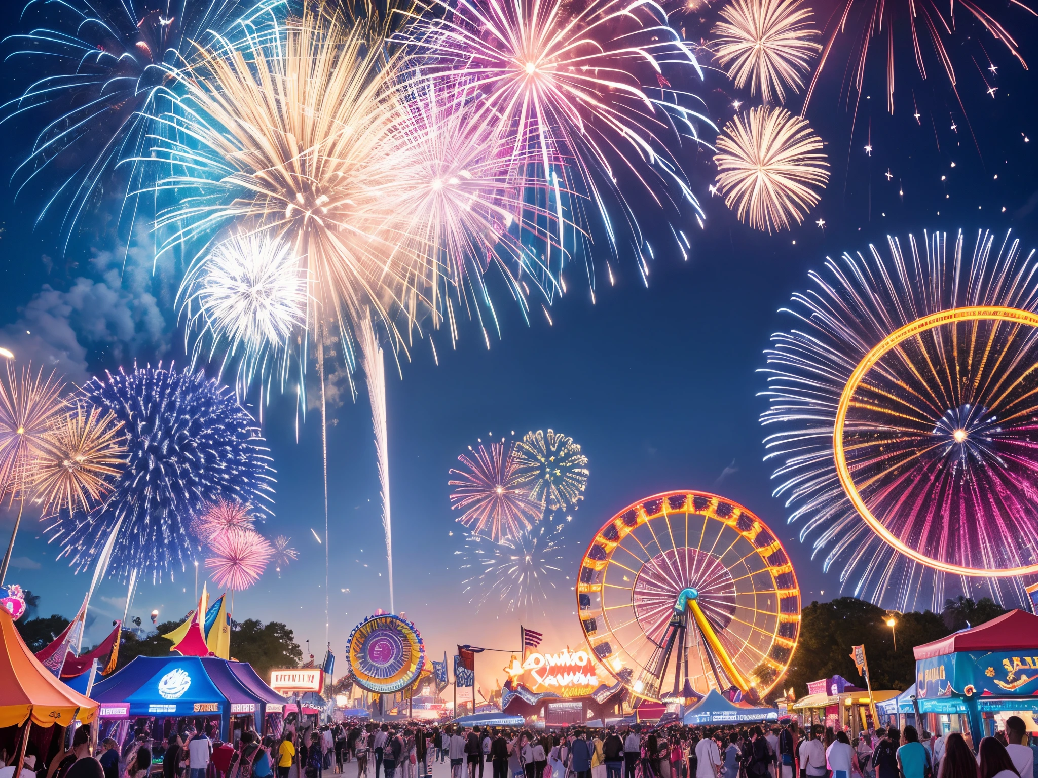 Imagine a lively carnival where rides and attractions are adorned with 4th of July themes, and fractal fireworks burst overhead, creating a dynamic atmosphere of celebration. enormous tits
