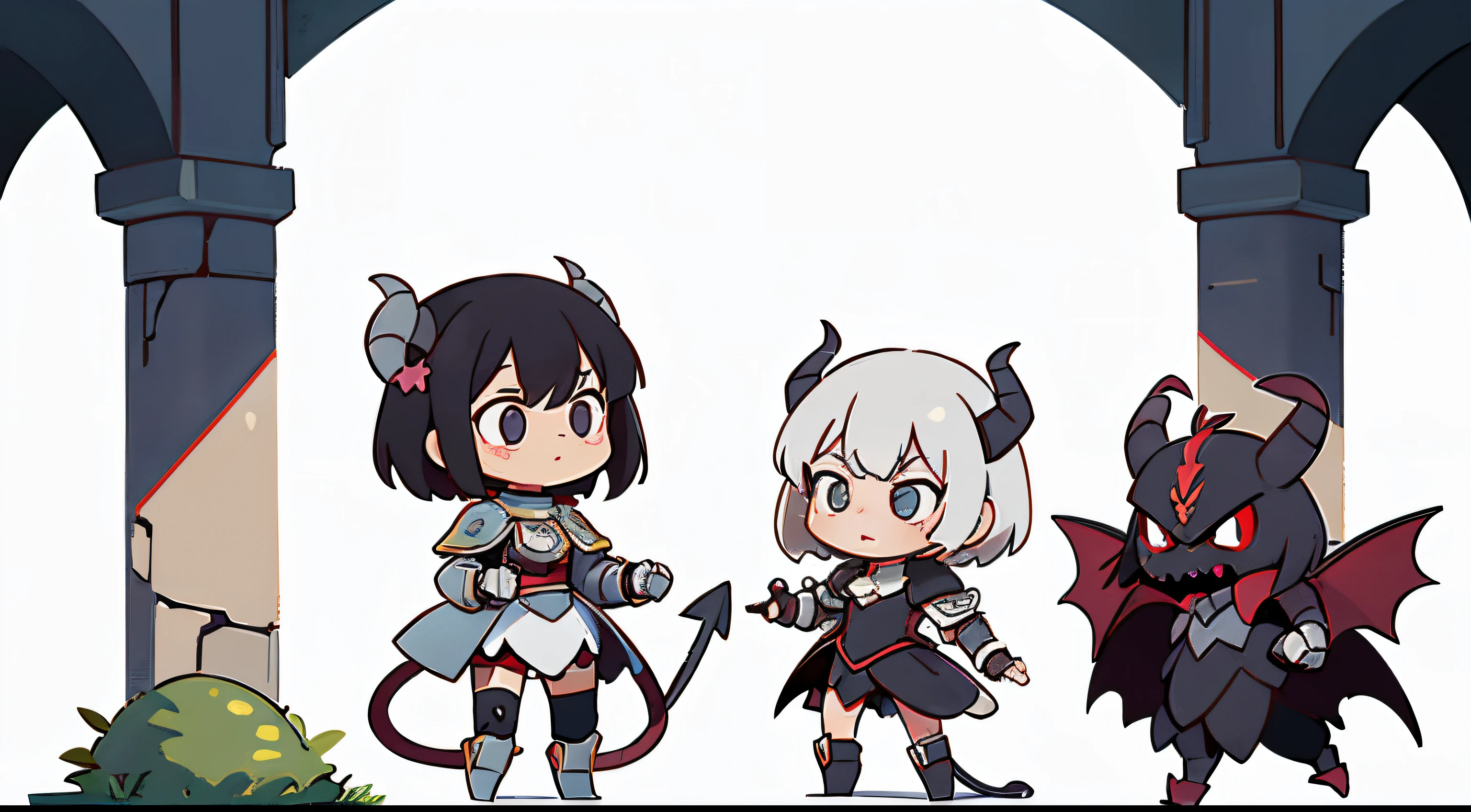 BJ_niedlich_demon,1girls,nur,flush,rote_Augen,haltend,geschlossen_Mund,stehend,voll_full-body,schwarzes_Haar,Chibi (Disambiguation,armour,White_Hintergrund,geballt_Hand,demon_Musume, Filmische Beleuchtung,Starker Kontrast,HOHER DETAILLIERUNGSGRAD,best quality,Meisterwerk,white background,