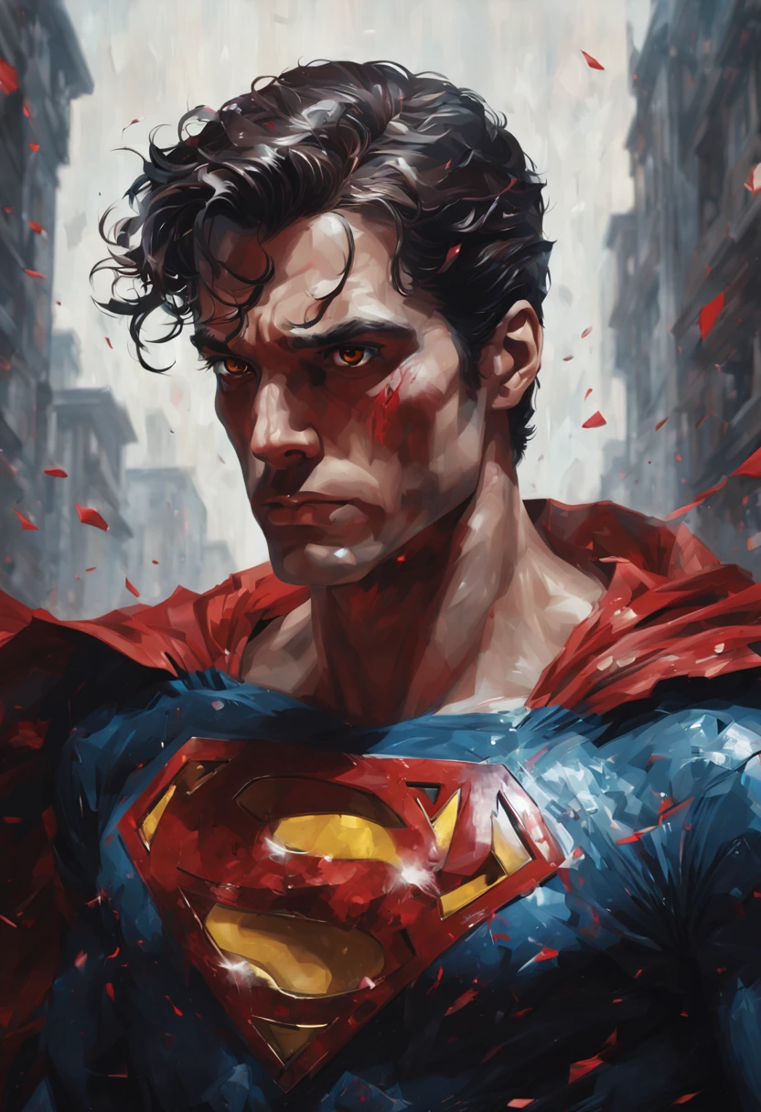 tears ,brown hair,red eyes,man, super human, art pop, masterpiece,intricate details, horror theme ,portrait,dark ambience, dust,low light ,cinematic, ambient oclussion, chromatic aberration, Use a slightly low-angle perspective to make Superman appear larger than life, reinforcing his status as a heroic and sexy icon
