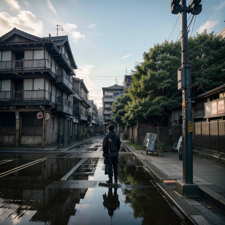 1boy,Man's ,Cyberpunk Boy、katanas,machine gun、Cat's ears、silber hair、poneyTail、The beginning of the adventure、during daytime、Into the cloud、ruined and devastated city、Complex Japan buildings、temple,railroad crossing、Bus stop、Trees、Warm lighting、puddles、Good old Japan landscape、Beautiful and fantastic summer landscape、Cinematic scenery、hightquality、masutepiece,8K、hight resolution、ultra-detailliert,