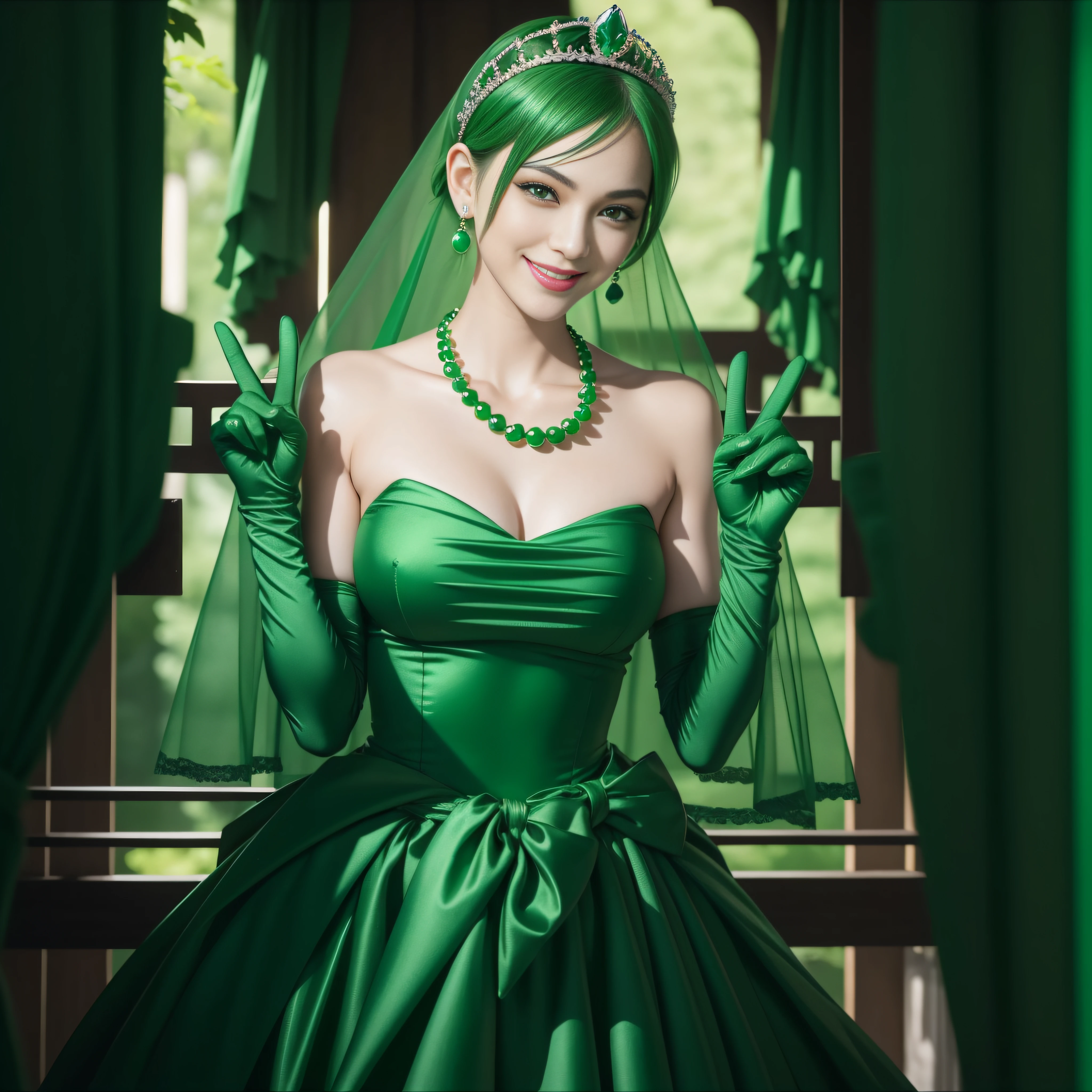 emerald tiara, Green Pearl Necklace, Boyish very short green hair, lipsticks, Japan woman smiling, very short short hair, big breasts beautiful, Green eyes, Long green gloves made of satin material, Green eyes, Emerald Earrings, green vale, v sign