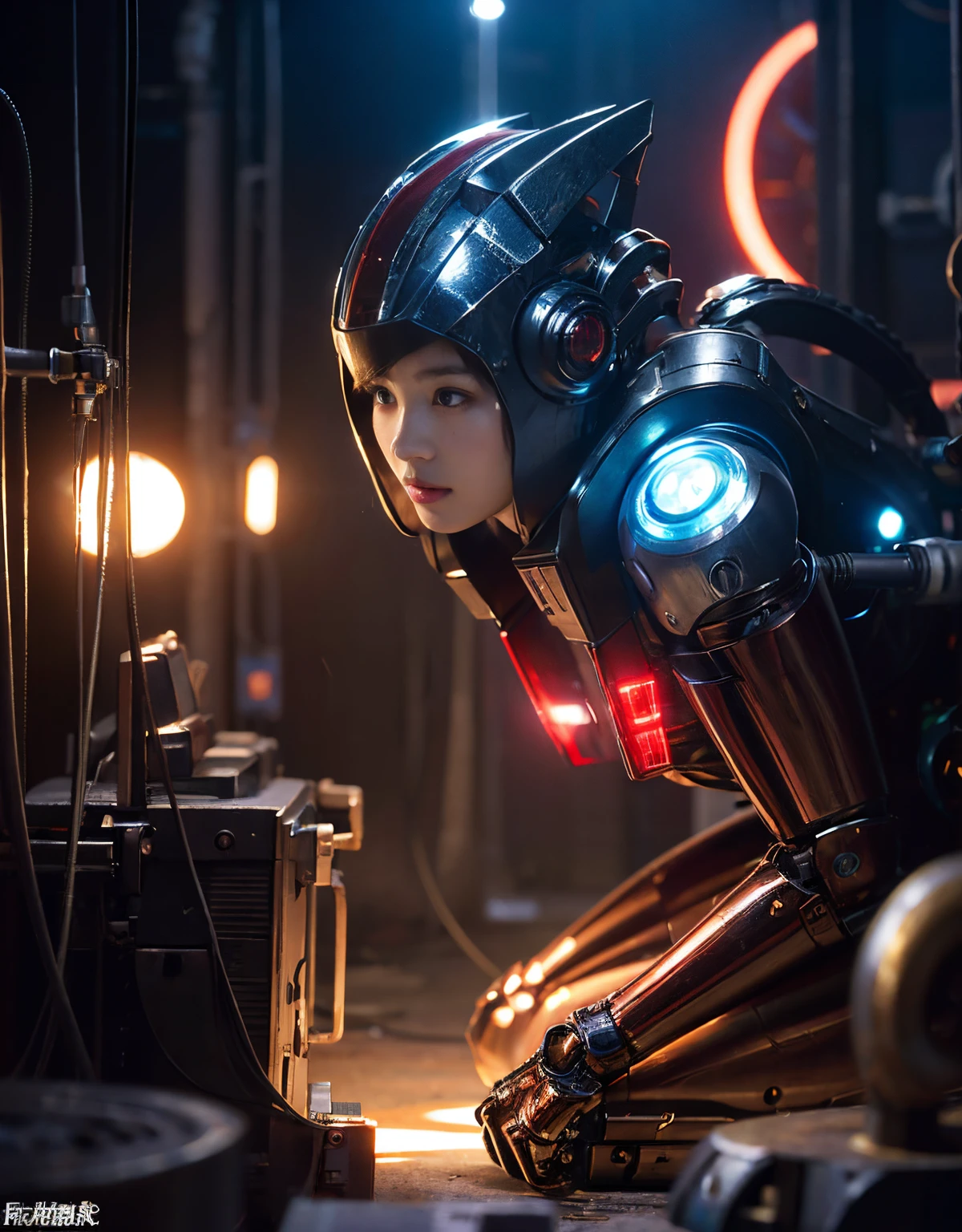 (1 mechanical girl and 1 alien)、(Mystical expression)、top-quality、masterpiece、超A high resolution、(Photorealsitic:1.4)、Raw photo、女の子1人、glowy skin、(((1 Mechanical Girl)))、(Red Metal Bodysuit)、(Natural alien background to fight aliens)、(Small LED)、((super realistic details))、vertical giant monster background),globalillumination、Shadow、octan render、8K、ultrasharp、Robot background、Colossal tits、Raw skin exposed in the cleavage、red metal、Details of complex ornaments、Japan details、highly intricate detail、Realistic light、(Mystical expression),CG Society Trenlow Eyes、Eyes shining towards the camera、Mechanical marginal blood vessels connected to neon detail tubes)、(Wires and cables connecting to the head)、Small LED、,Mechanical thighs、Toostock、(Hands are also made of machines)、机器人、future alien、Please wear a mechanical helmet、