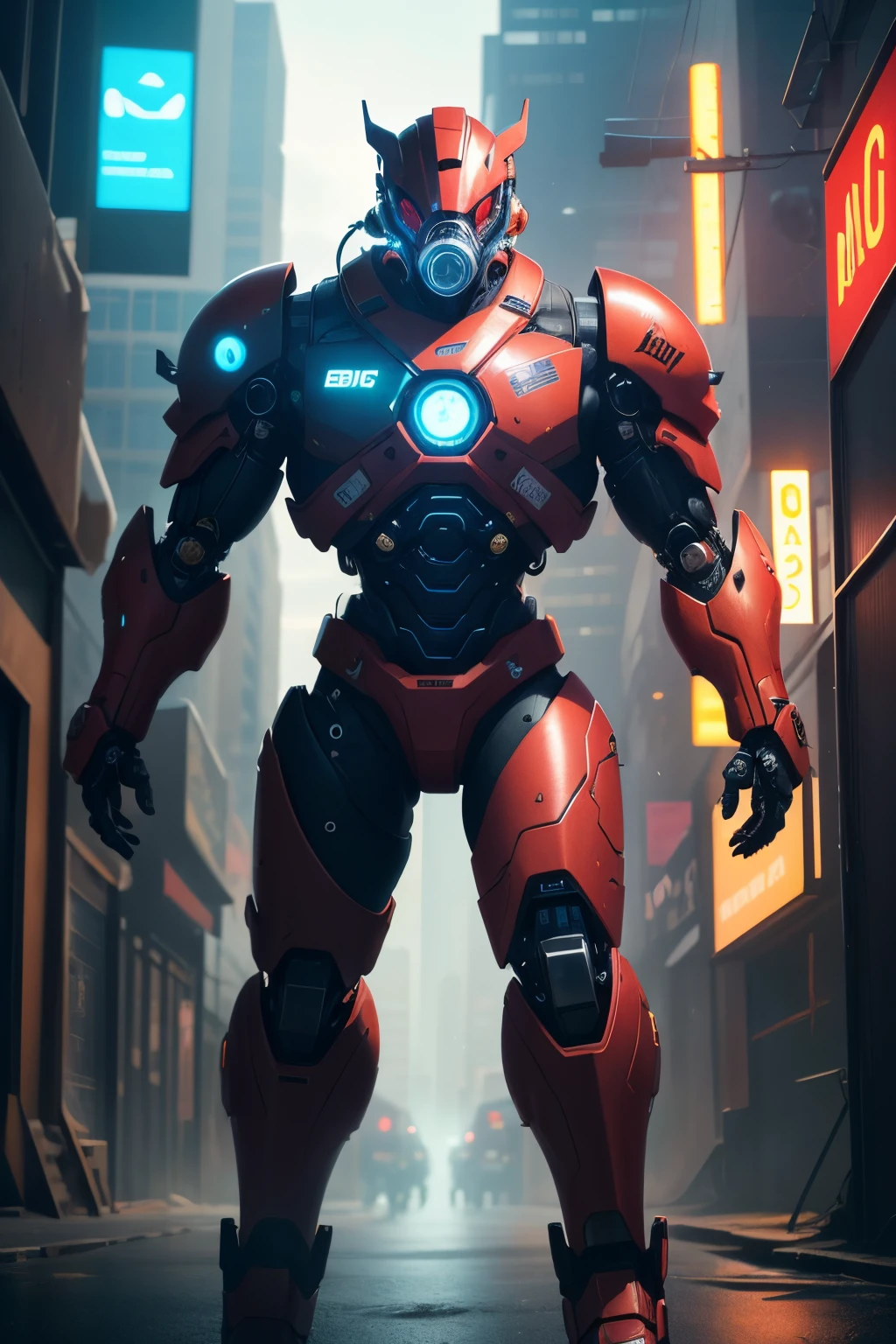 stunning artwork, extremely high quality artwork, beautiful artwork, colorful hyperrealism, beeple colors, blue, red, grey, wide shot, (best quality,4k,8k,highres,masterpiece:1.2),ultra-detailed,(realistic,photorealistic,photo-realistic:1.37),HDR,UHD,studio lighting,(masterpiece, full-body shot), (intrincate raw photography),realistic black and red cybernetic man wearing biohazard black and red gas mask, futuristic gas mask, mecha helmet, biohazard logo, tactical techwear, humanoid nano suit, neat and nice character design, vibrant neon color palette, dramatic lighting, highly detailed fur and eyes, 3D rendered illustration, high-res masterpiece:1.2, sci-fi Cyberpunk city ,setting