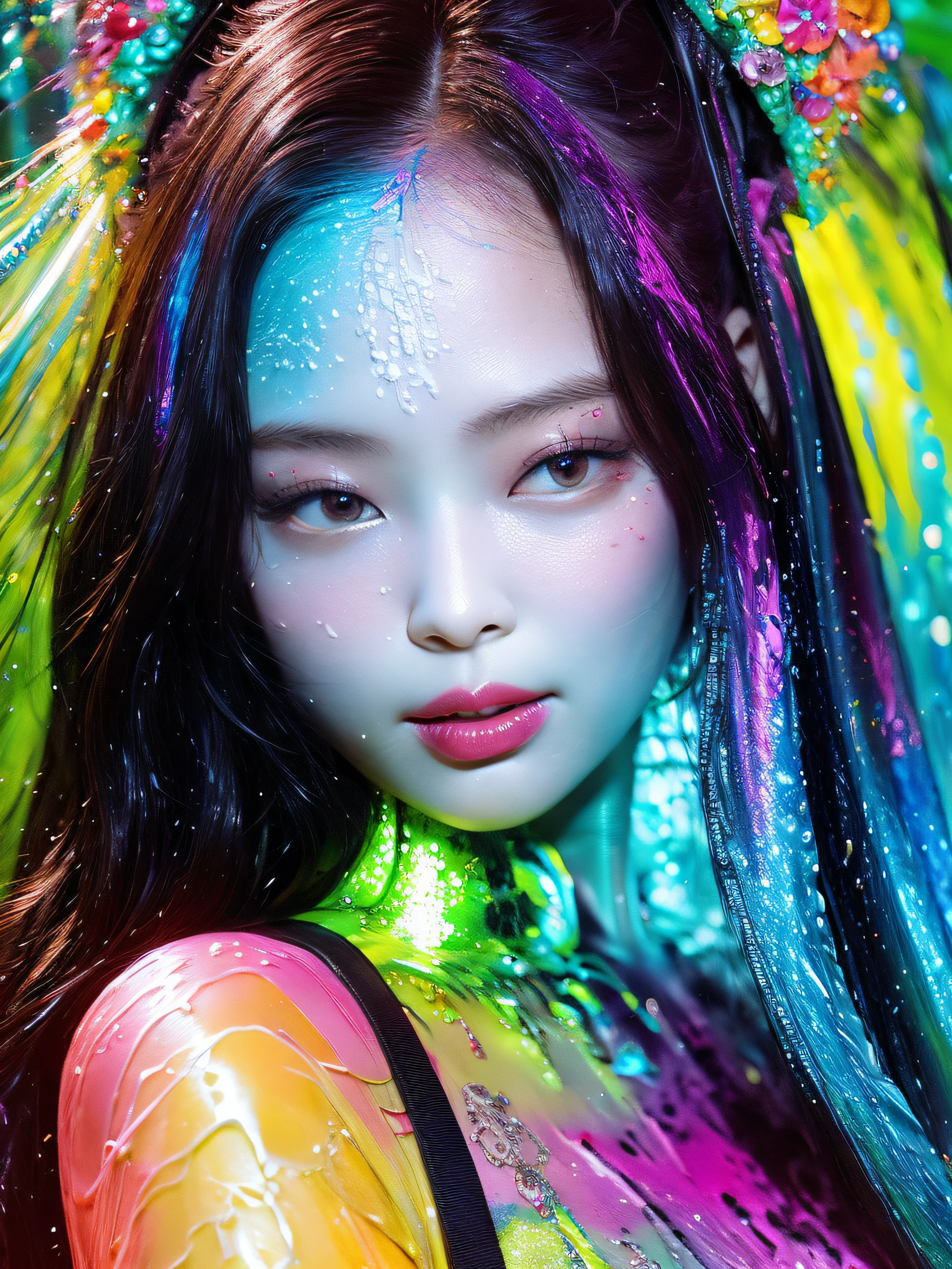 Glow in the dark ,Paint splashing,Captivating psychedelic surreal neon amazing universe beautiful gorgeous women in a bright colorful neon light,Mark Reiden、daniel merriam、Bright neon colors in the style of Frank Frazetta and Boris Vallejo, 、fashion clothes,Sandals,super realism, trippy, ornate, beautiful, fine Detail, intricated detail, Hyper detailed, oil painting, intricate colors, Jennie Kim,