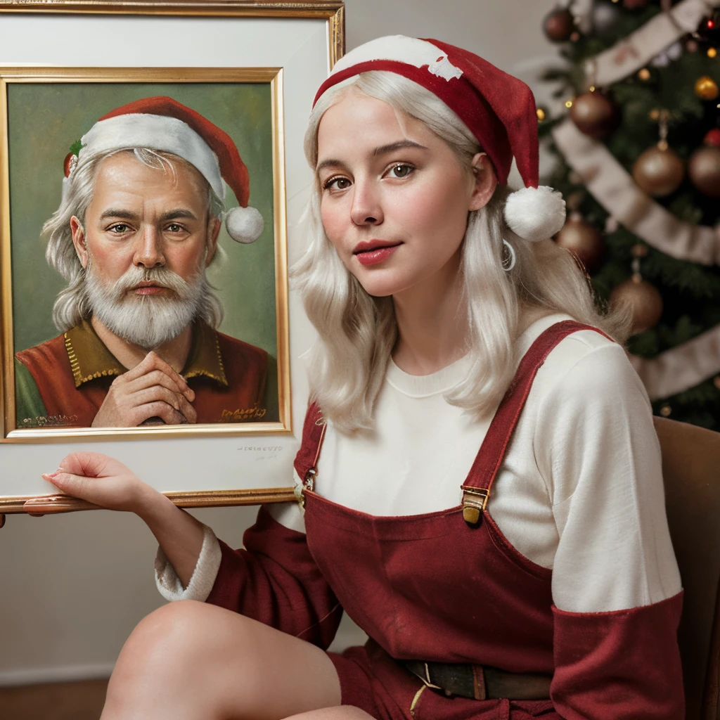 best quality, realistic, photorealistic, award-winning illustration, (intricate details: 1.2), (delicate detail), (intricate details), vintage santa Claus with white hair sitting down looking at camera, holding a vintage gold photo frame, a photorealistic painting by Mac Conner, pexels, realism, character, the man is wearing a old red clothes and overalls, The background is a painting of Christmas aesthetic , creating a contrast between the realistic and the artistic elements of the image,8k