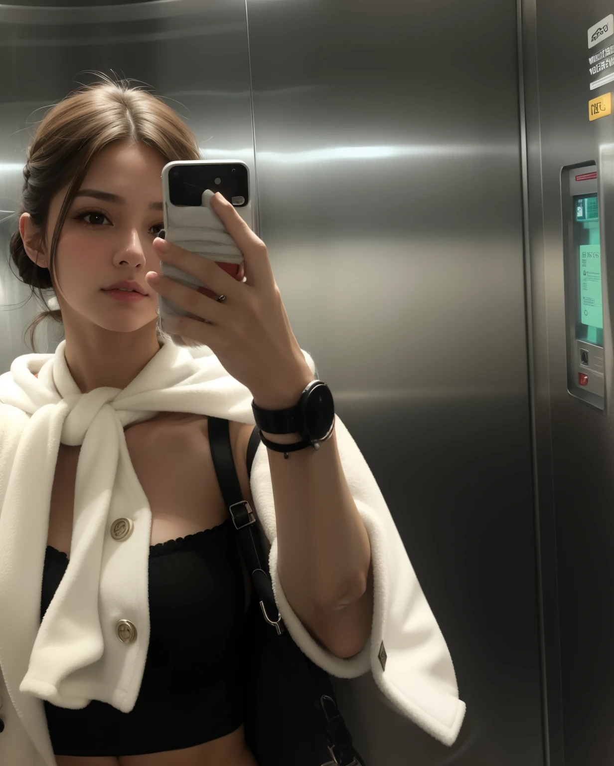woman taking a selfie in an elevator with a white coat around her neck, Selfie espelho, acidentalmente tirar uma Selfie, maquiagem soft, pele bonita