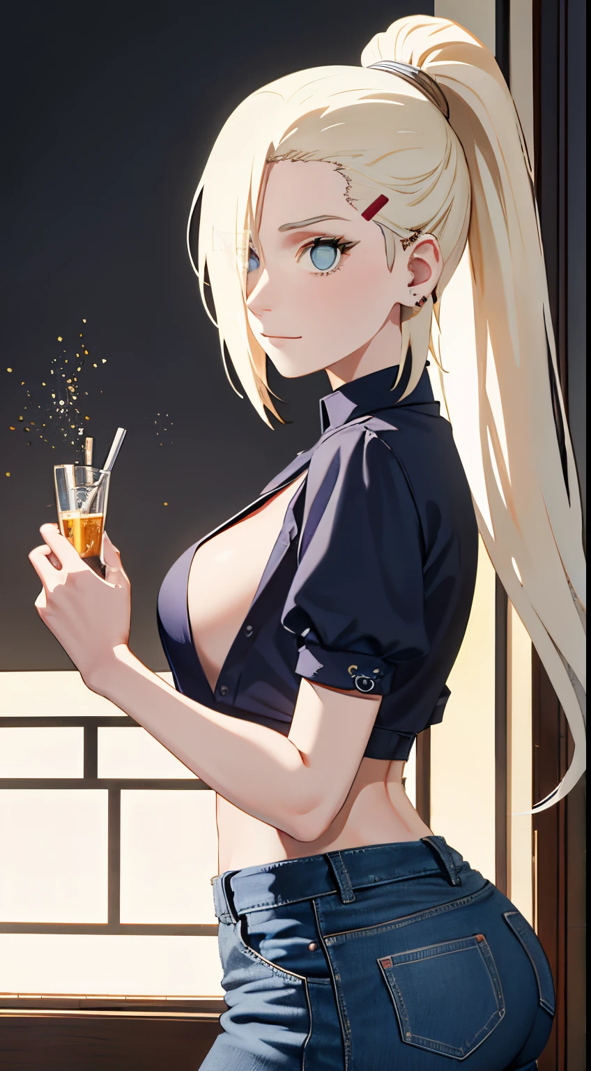 Ino yamanaka， schneit， sat，Spaltung，smil，Rot im Gesicht sein，drinnen im Zimmer，Nahaufnahme Nahaufnahme，mit einer guten Figur,mid large breasts,enges, open white shirt,Blaue skinny Jeans,both arms behind the back,perfekter Arsch,Ansicht von hinten,ansicht auf den Arsch,Arsch guckt in die Kamera,runder arsch,zeigt ihren Arsch, sidelighting, light particles, wallpaper,