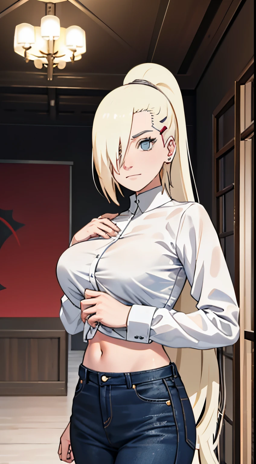 Ino yamanaka， schneit， sat，Spaltung，smil，Rot im Gesicht sein，drinnen im Zimmer，Nahaufnahme Nahaufnahme，mit einer guten Figur,mid large breasts,enges, open white shirt,Blaue skinny Jeans,both arms behind the back,perfekter Arsch,Ansicht von hinten,ansicht auf den Arsch,Arsch guckt in die Kamera,runder arsch,zeigt ihren Arsch, sidelighting, light particles, wallpaper,