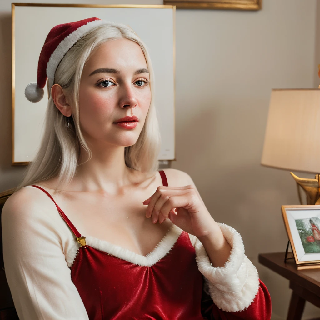 best quality, realistic, photorealistic, award-winning illustration, (intricate details: 1.2), (delicate detail), (intricate details), vintage santa Claus with white hair sitting down looking at camera, holding a vintage gold photo frame, a photorealistic painting by Mac Conner, pexels, realism, character, the man is wearing a old red clothes and overalls, The background is a painting of Christmas aesthetic , creating a contrast between the realistic and the artistic elements of the image,8k