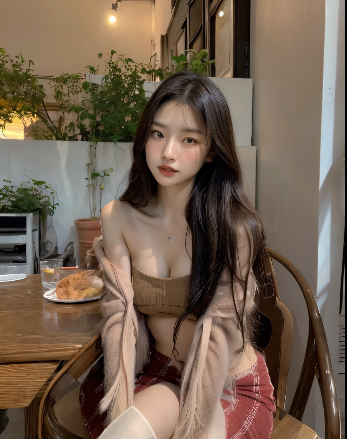 there a woman sitting at a table with a plate of food, gorgeous young korean woman, beautiful south korean woman, korean girl, beautiful young korean woman, a young asian woman, jaeyeon nam, heonhwa choe, korean woman, young asian girl, an asian woman, beautiful asian girl, jinyoung shin, asian girl, taejune kim, young asian woman, xxmixgirl, 16 year-old girl, big breast, tan lines, deep photo, depth of field, Superia 400, shadows, messy hair, perfect face and body, dark, nighttime, dark photo, grainy, seductive smirk, cleavage, big boobies, FilmGirl, real breasts, big_???????, skinny body, breasts out, cutegirlmix, no underwear, sexy face, big_???????, ?????, ????_shirt, Eimi, FilmGirl,
